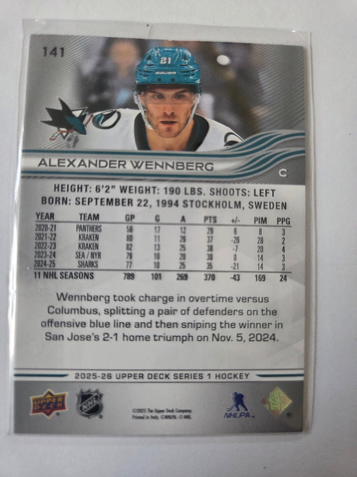Alexander Wennberg Upper Deck Series 1 #141 [San Jose Sharks]
