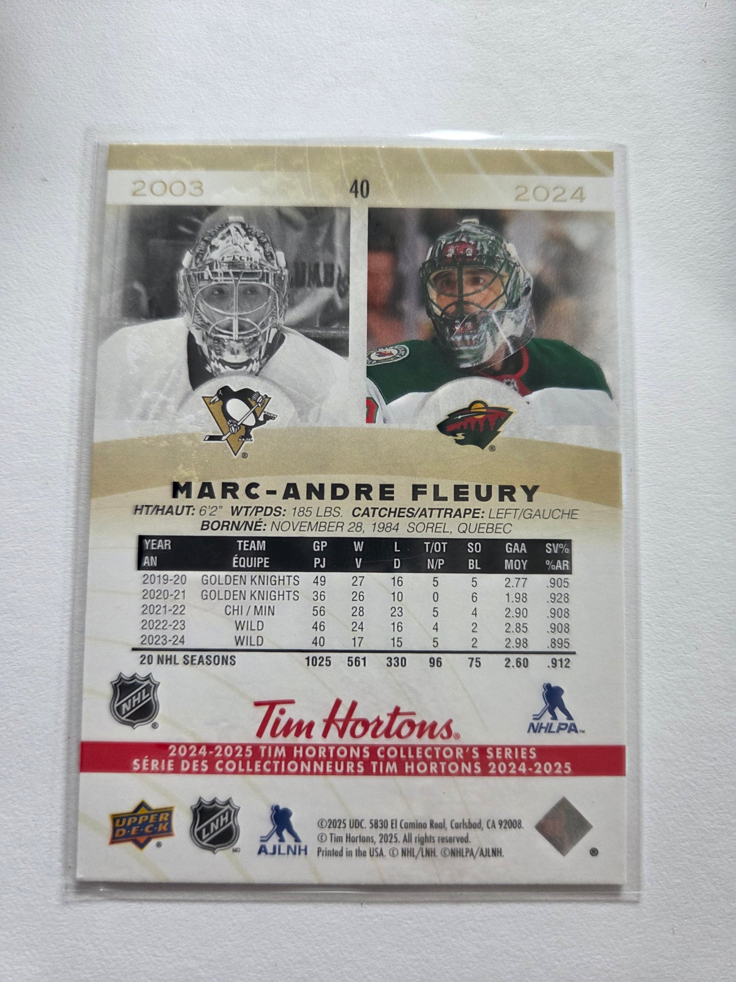Marc-Andre Fleury Upper Deck Tim Hortons #40 [Minnesota Wild]