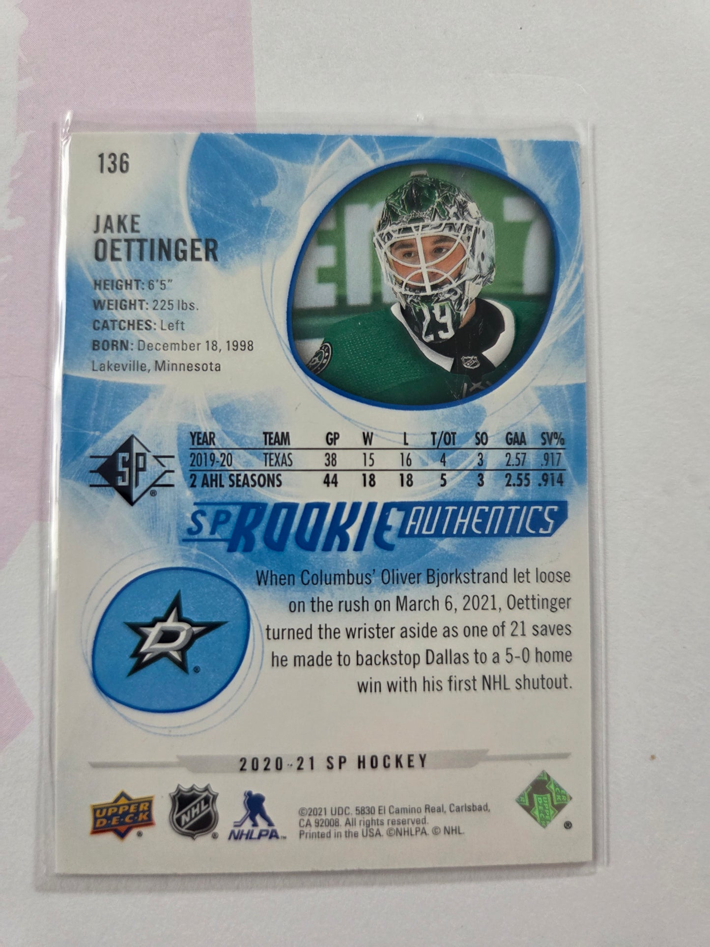 Jake Oettinger Blue SP Hockey #136 [Dallas Stars]