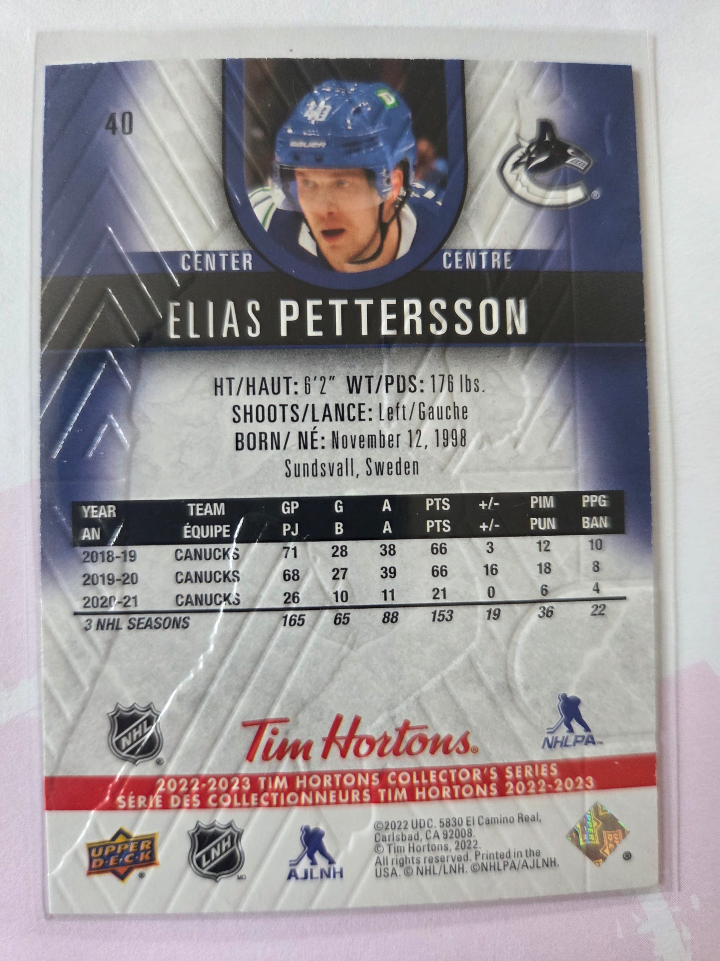 Elias Pettersson Tim Hortons Upper Deck #40 [Vancouver Canucks]