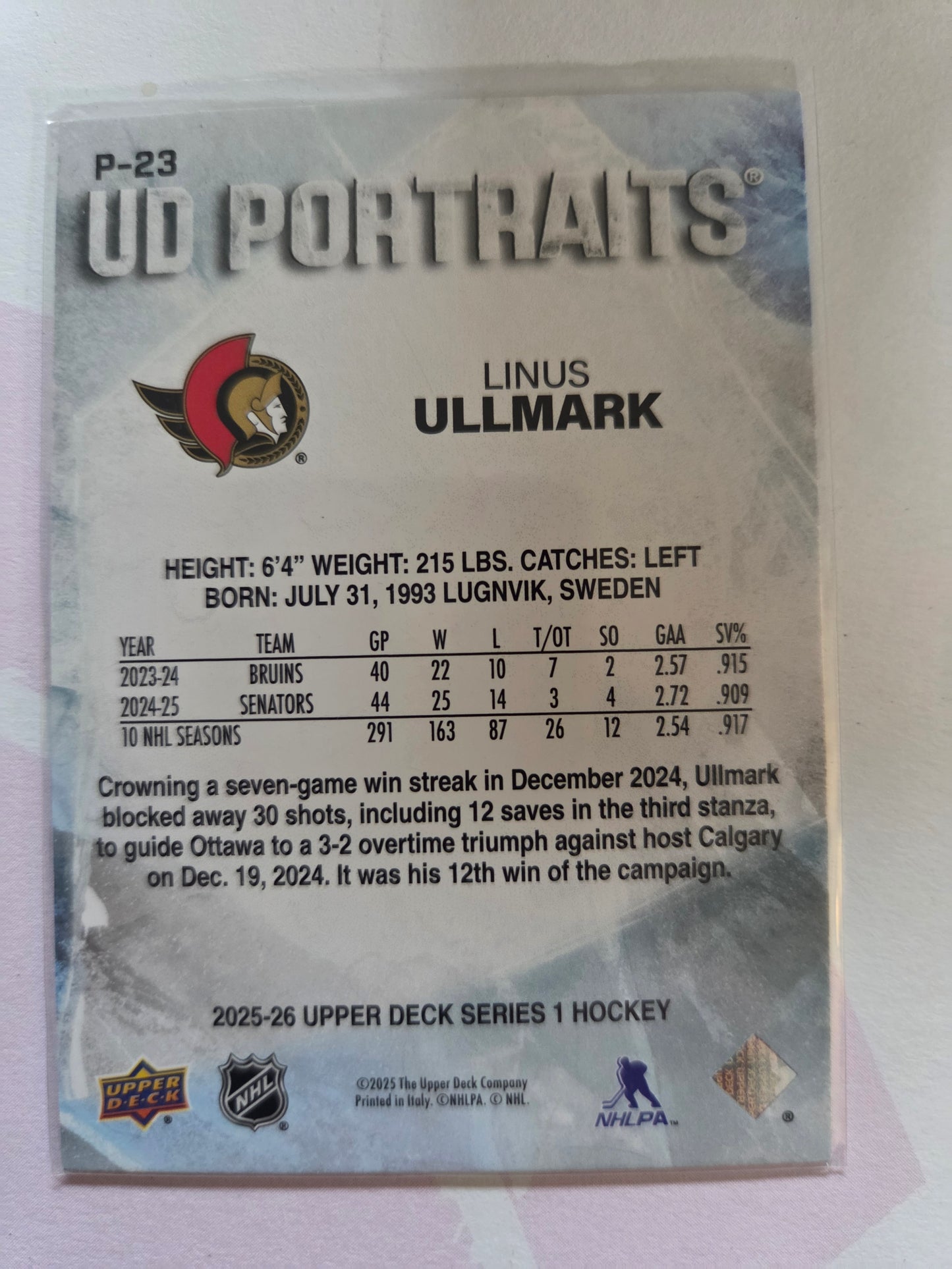 Linus Ullmark Upper Deck Series 1 Hockey UD Portraits [Ottawa Senators]