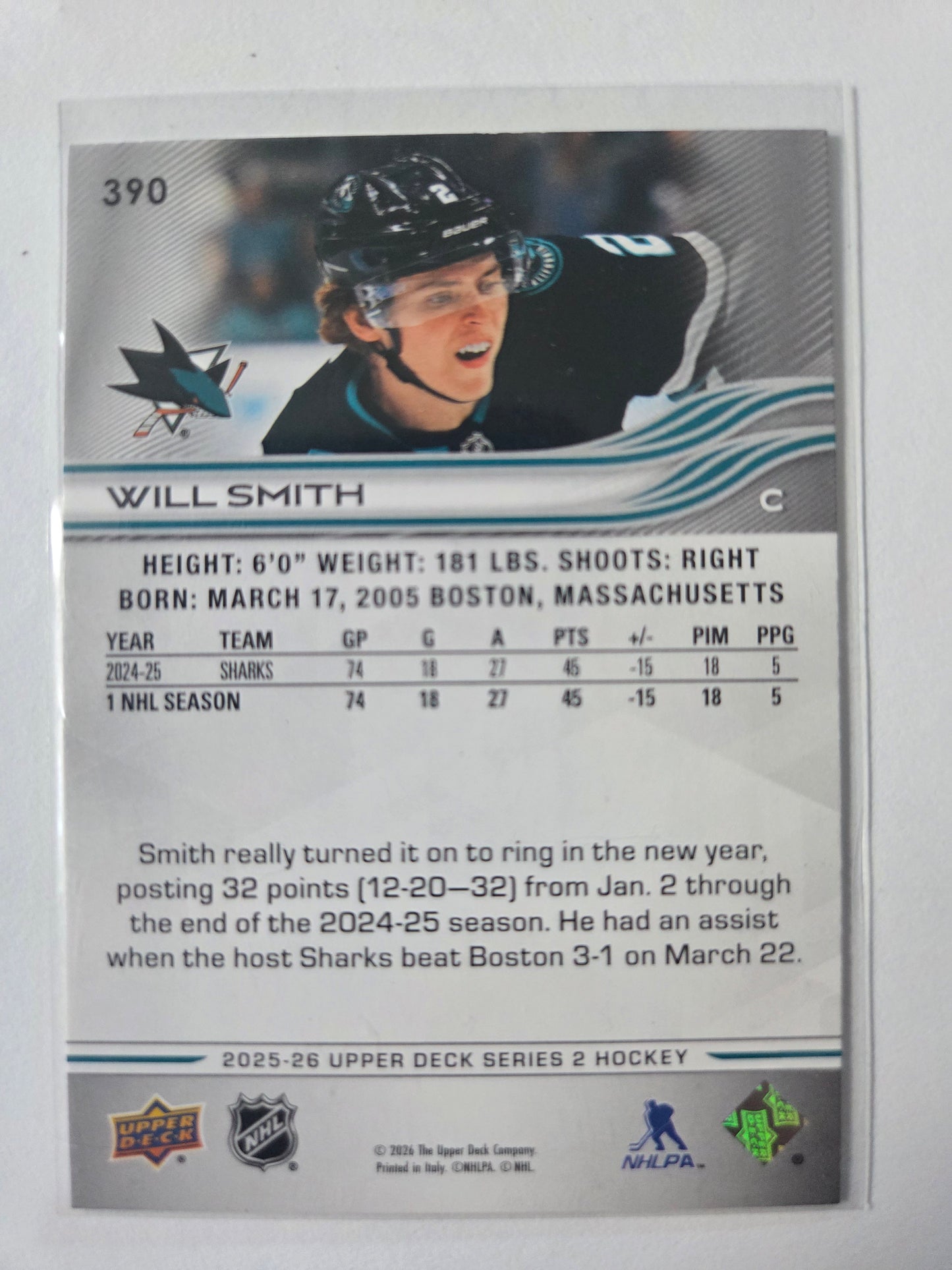 Will Smith Upper Deck Series 2 #390 [San Jose Sharks]