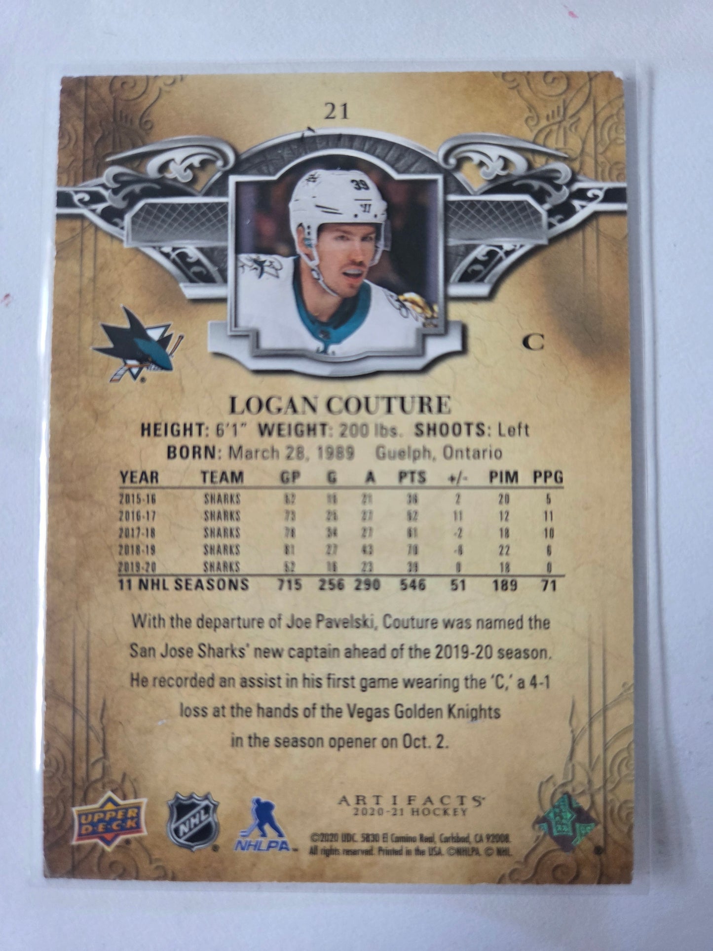 Logan Couture Upper Deck Artifacts Hockey #21 [San Jose Sharks]