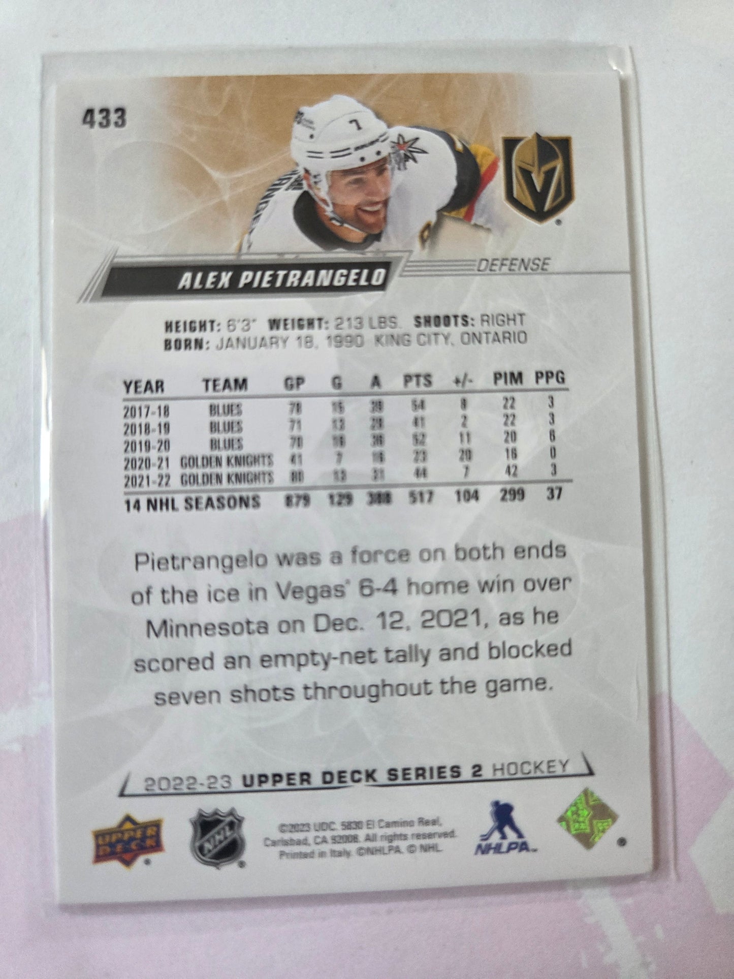 Alex Pietrangelo Upper Deck Series 2 #433 [Las Vegas Golden Knights]