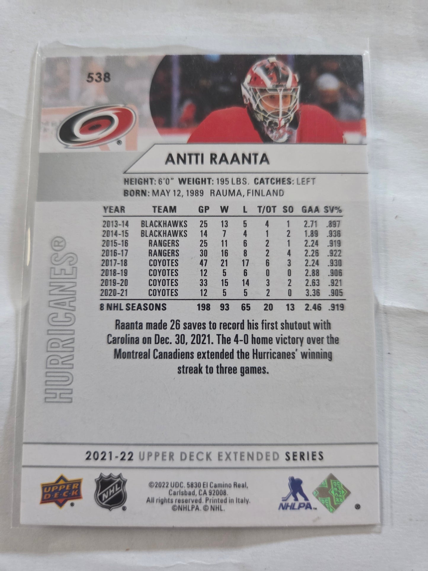 Antti Raanta Upper Deck Extended Series #538 [Carolina Hurricanes]