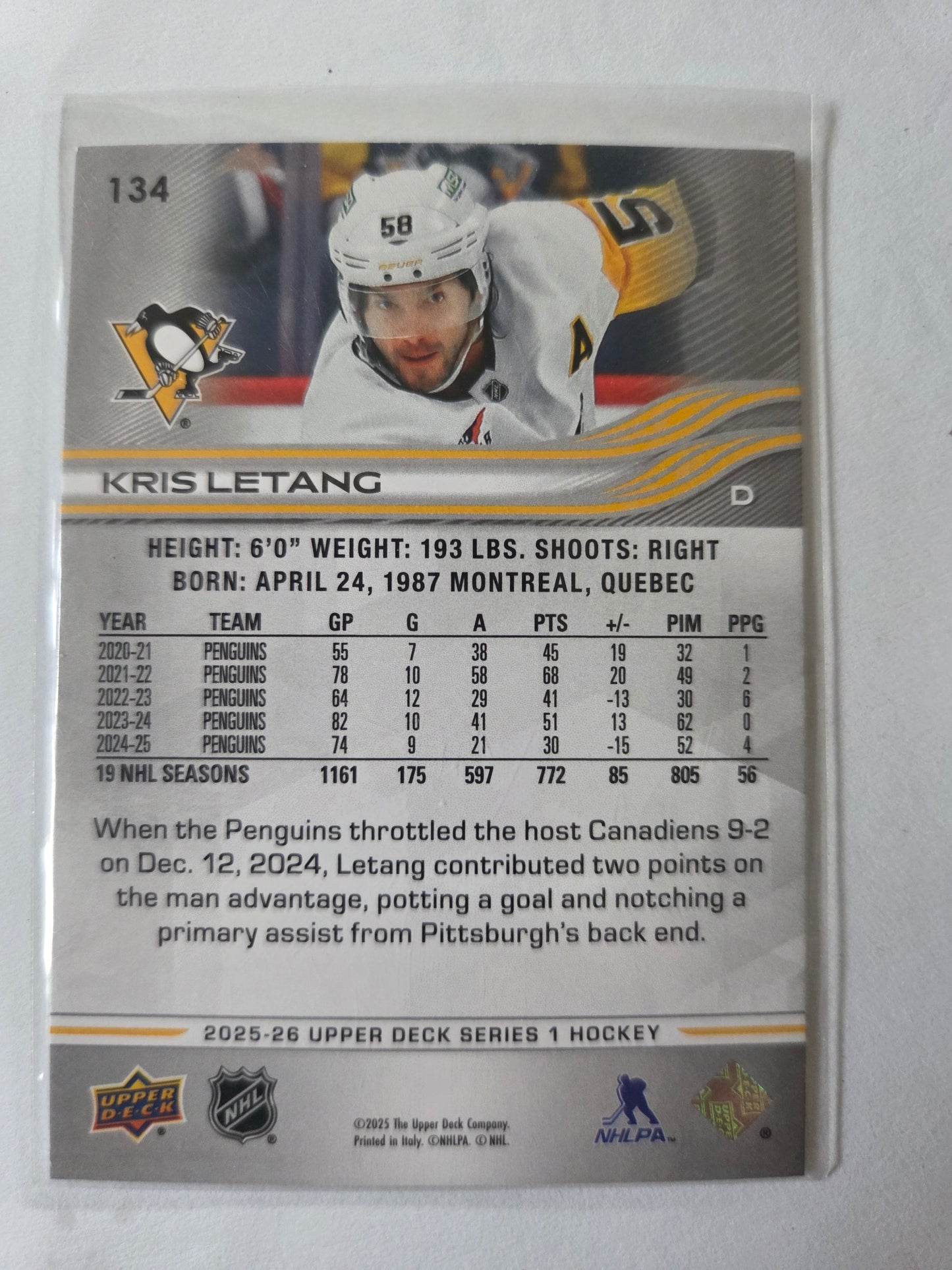 Kris Letang Upper Deck Series 1 #134 [Pittsburgh Penguins]