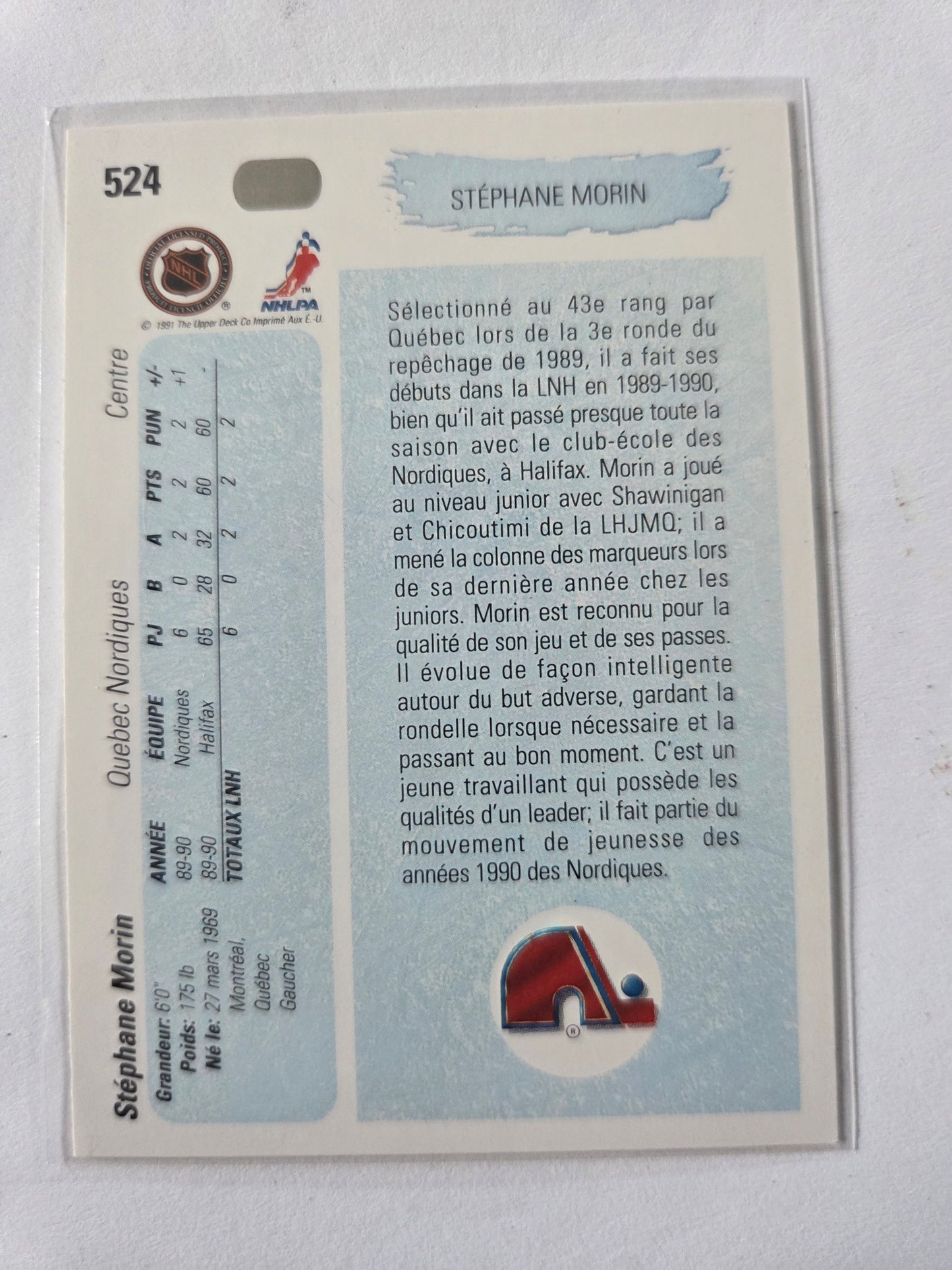 Stèphane Morin 90-91 Upper Deck Young Guns #524 [Quebec Nordiques]