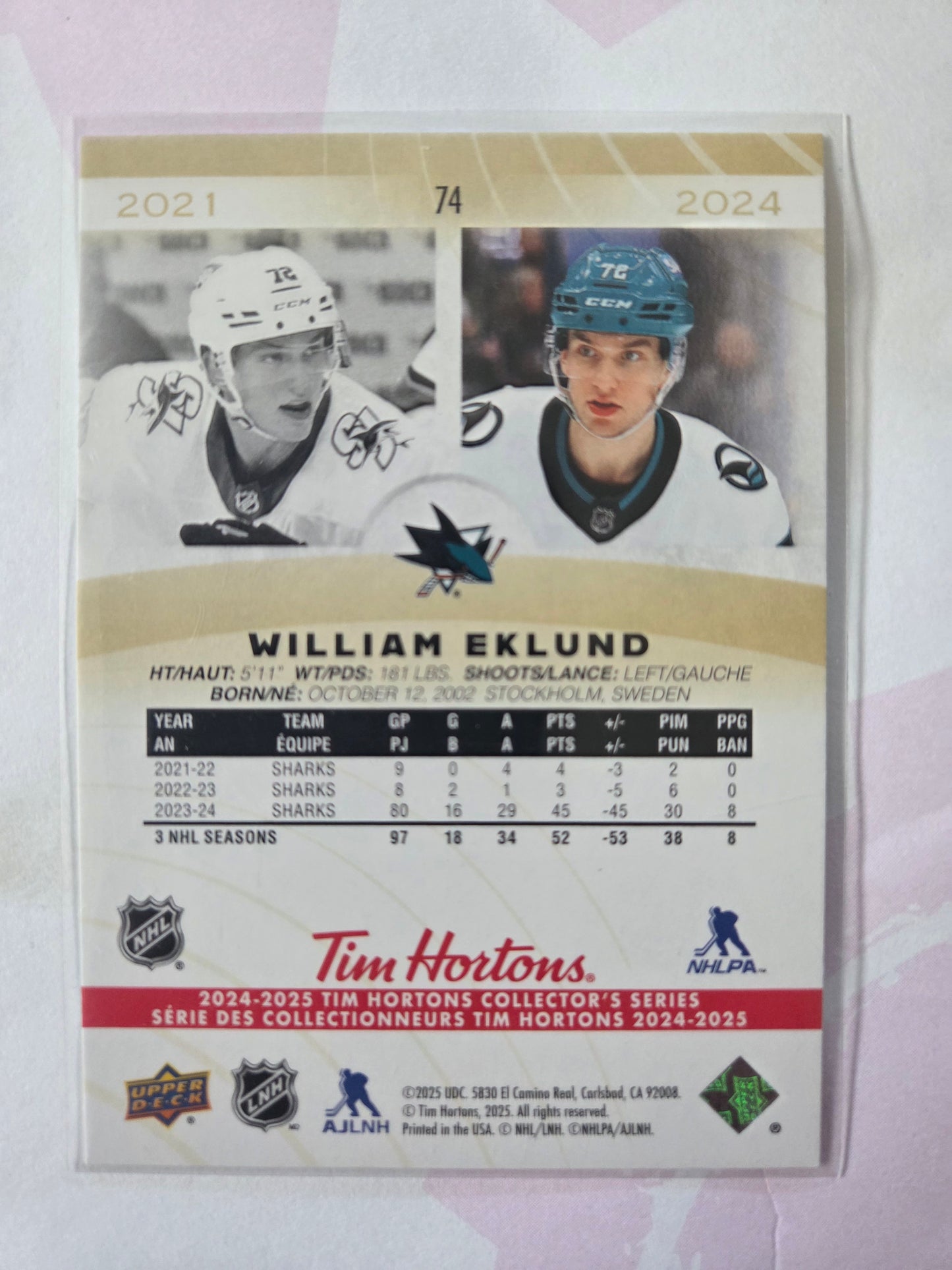 William Eklund Tim Hortons Upper Deck #74 [San Jose Sharks]