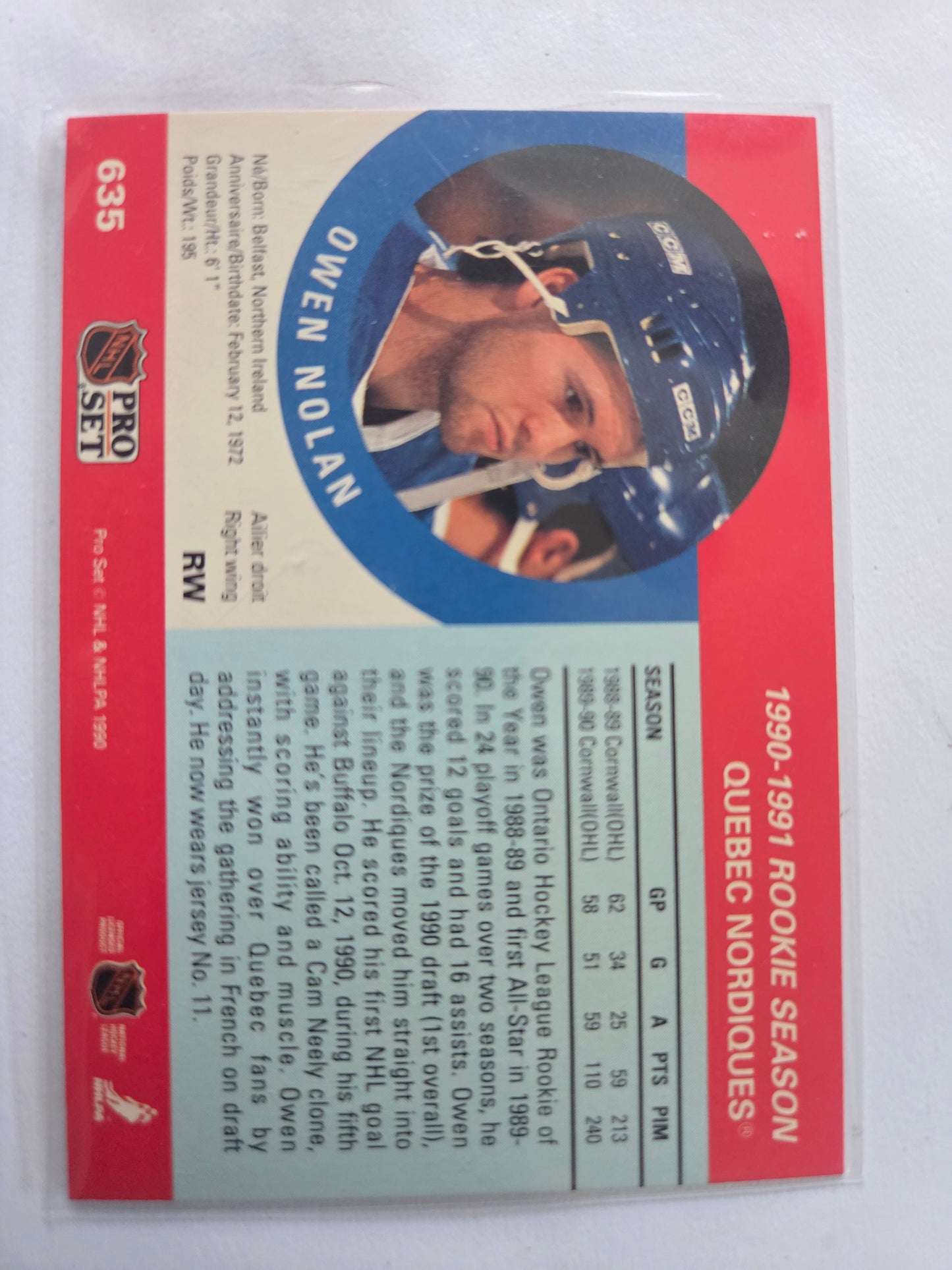 Owen Nolan NHL Pro Set Rookie Season #635 [Quebec Nordiques]
