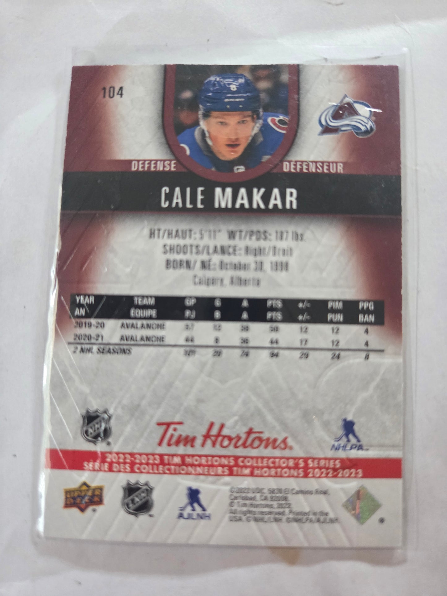 Cale Makar Upper Deck Tim Hortons #104 [Colorado Avalanche]