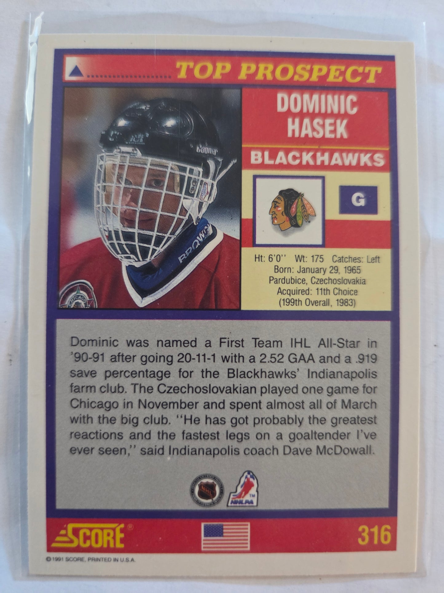 Dominic Hasek 91 Score Top Prospect #316 [Chicago Blackhawks]