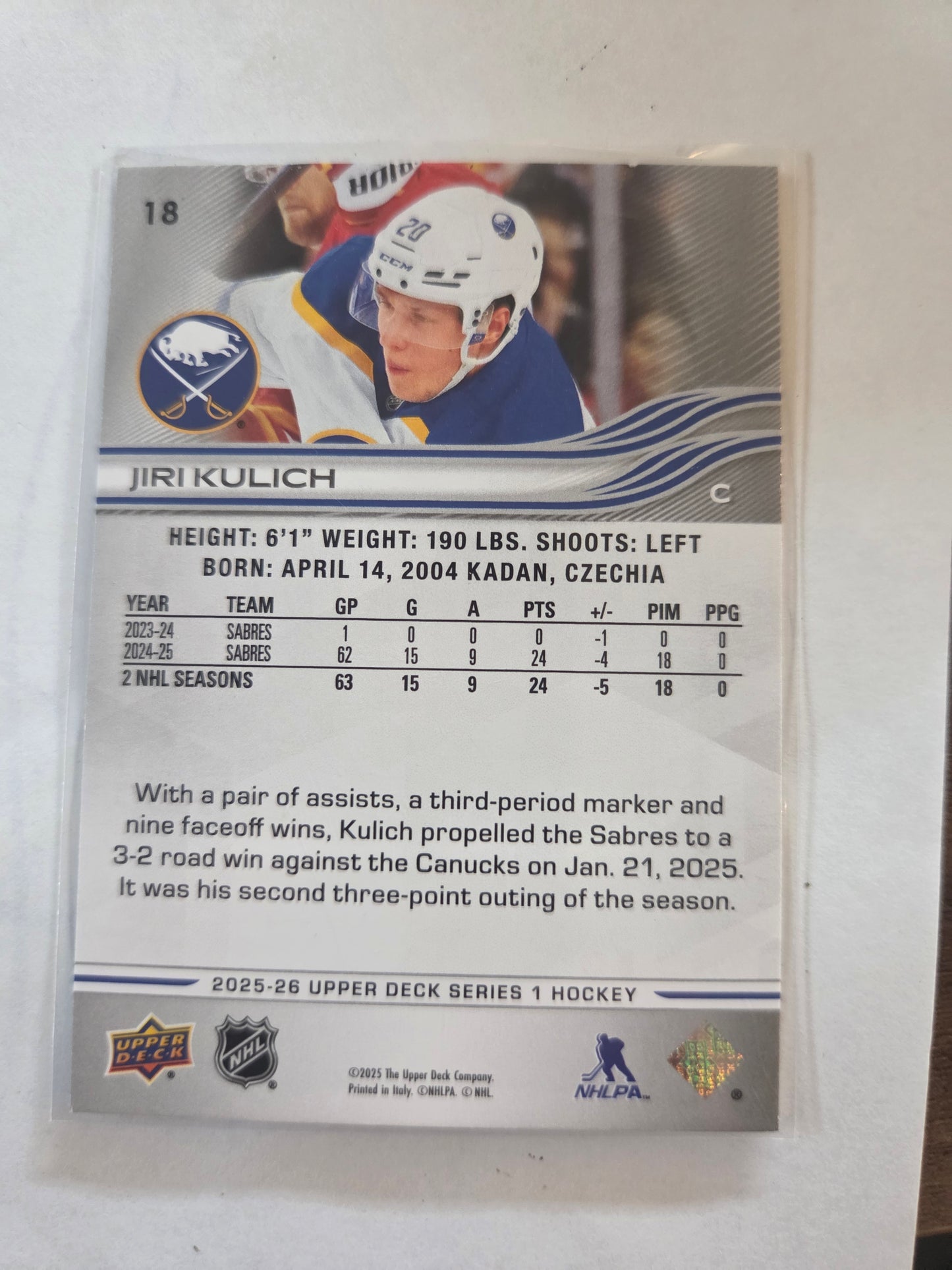 Jiri Kulich Upper Deck Series 1 #18 [Buffalo Sabres]