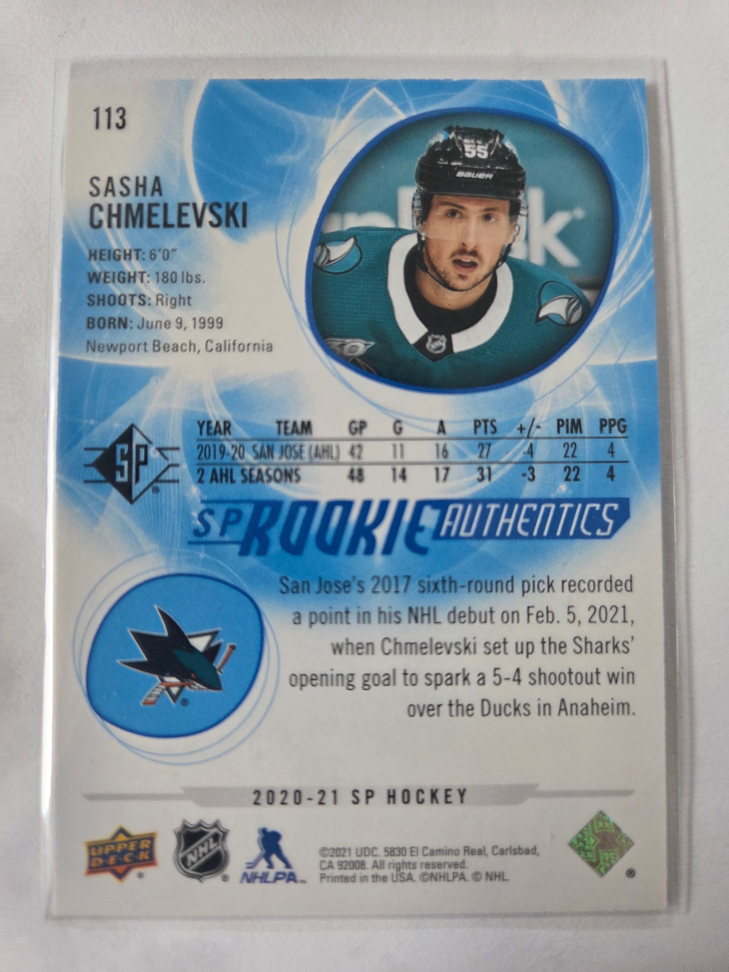 Sasha Chmelevski SP Hockey Blue Rookie Authentics #113 [San Jose Sharks]