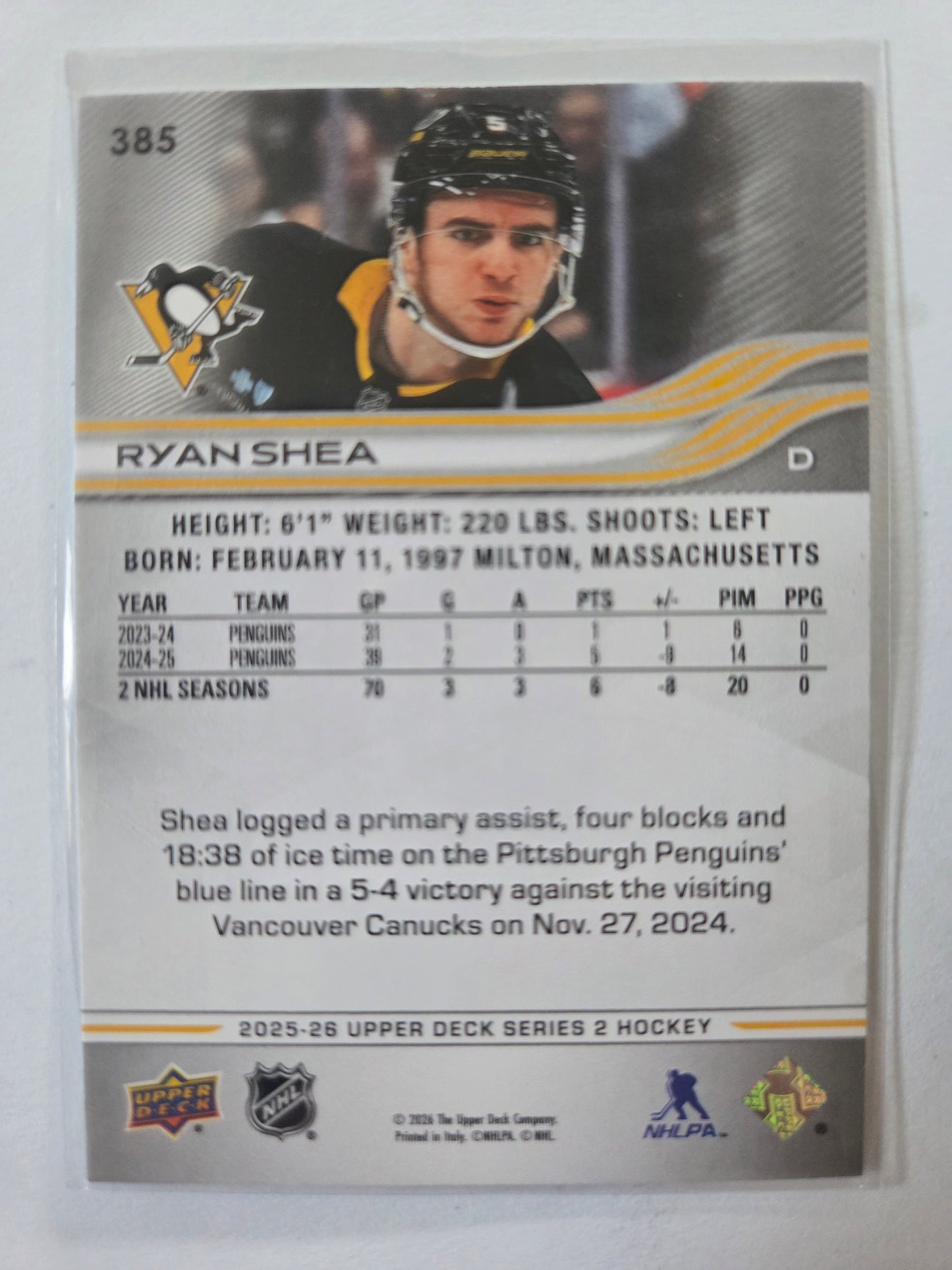 Ryan Shea Upper Deck Series 2 #385 [Pittsburgh Penguins]