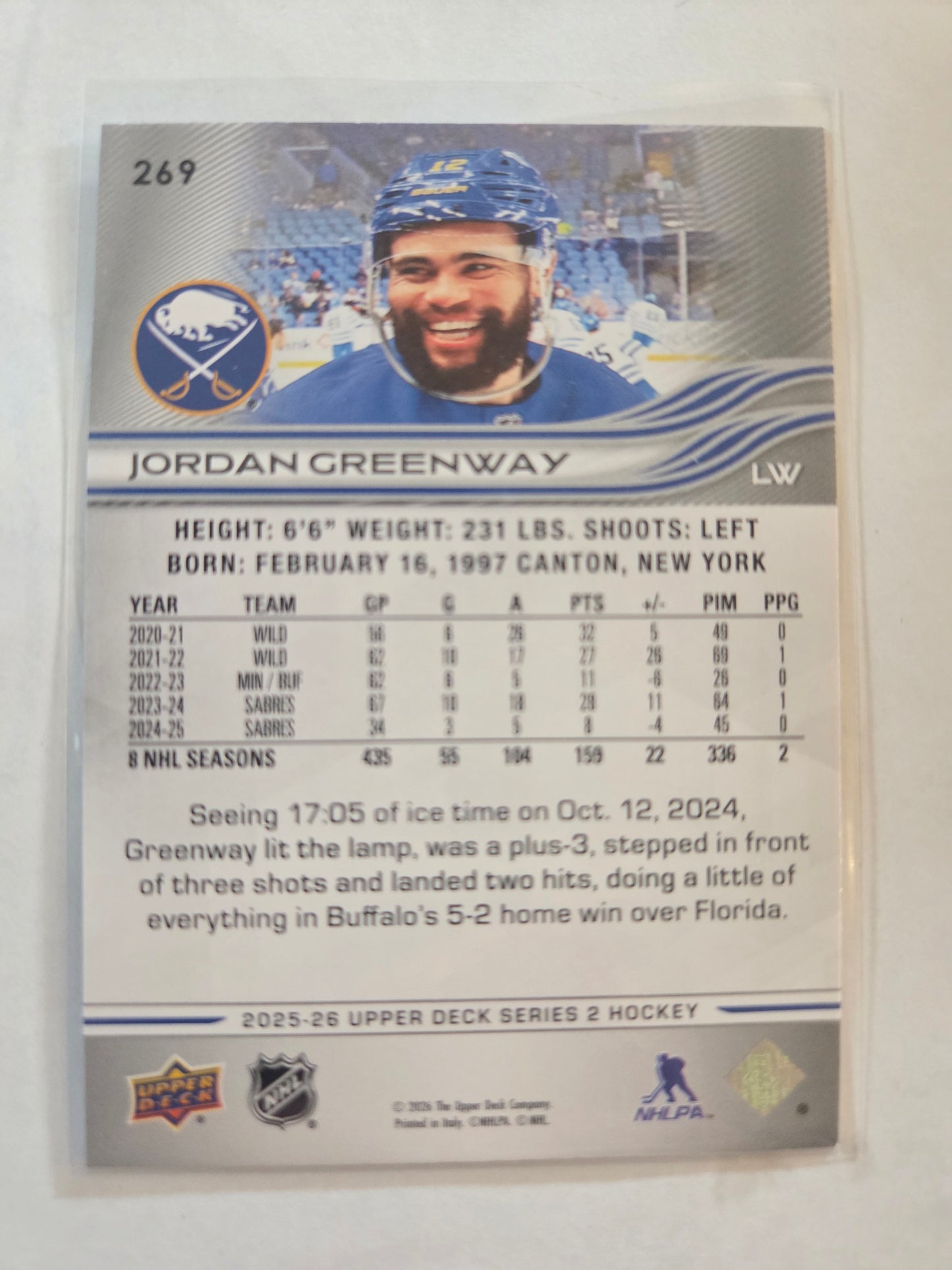 Jordan Greenway Upper Deck Series 2 #269 [Buffalo Sabres]