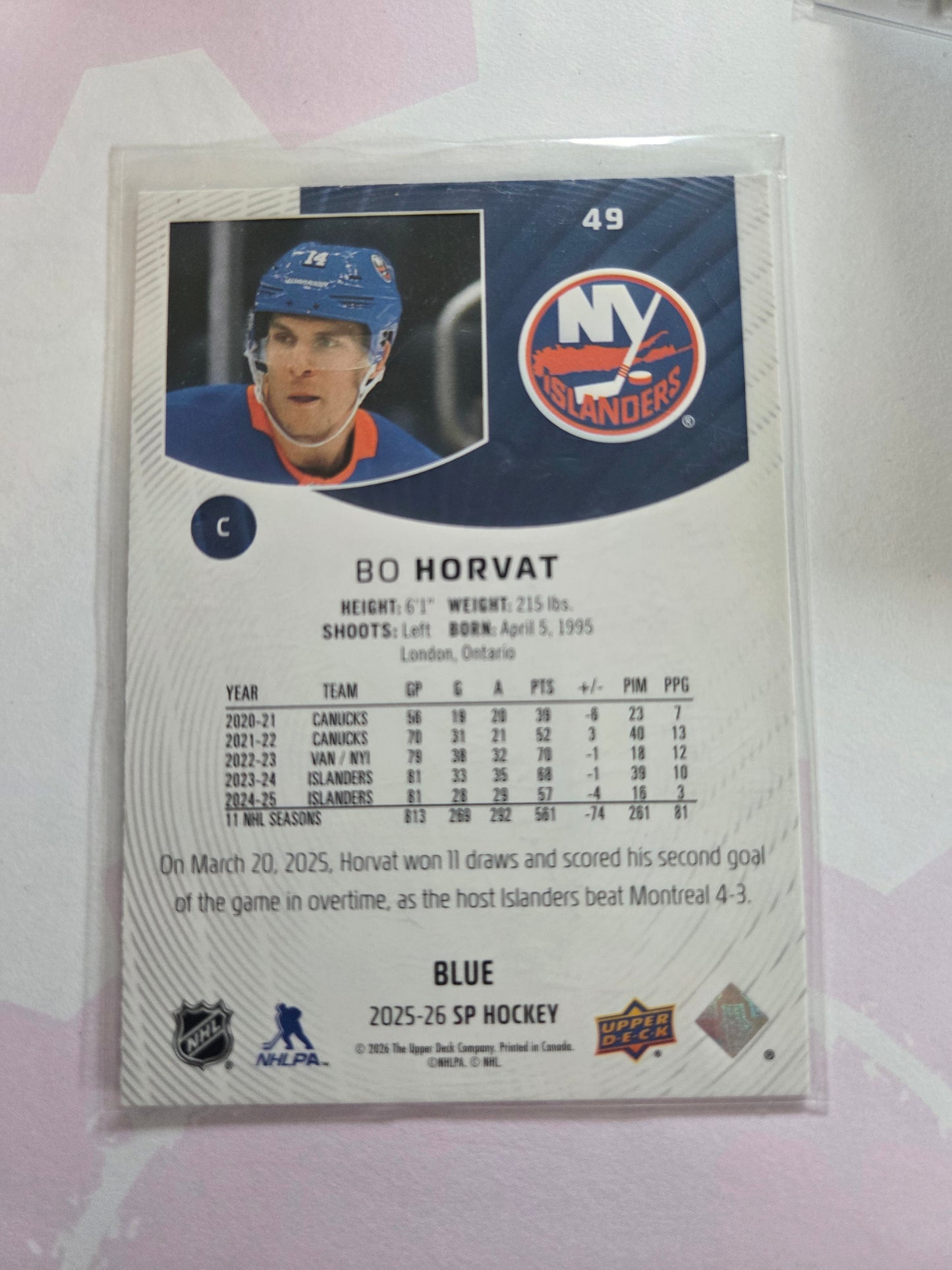 Bo Horvat Blue SP Hockey #49 [New York Islanders]