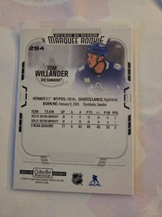 Tom Willander O-Pee-Chee Platinum Hockey Marquee Rookie #294 [Vancouver Canucks]