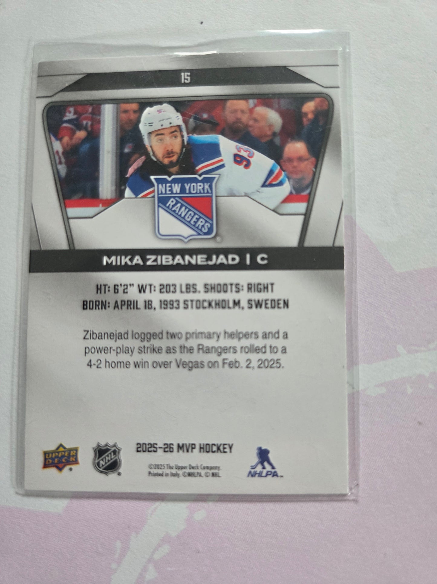Mika Zibanejad Upper Deck MVP Hockey #15 [New York Rangers]