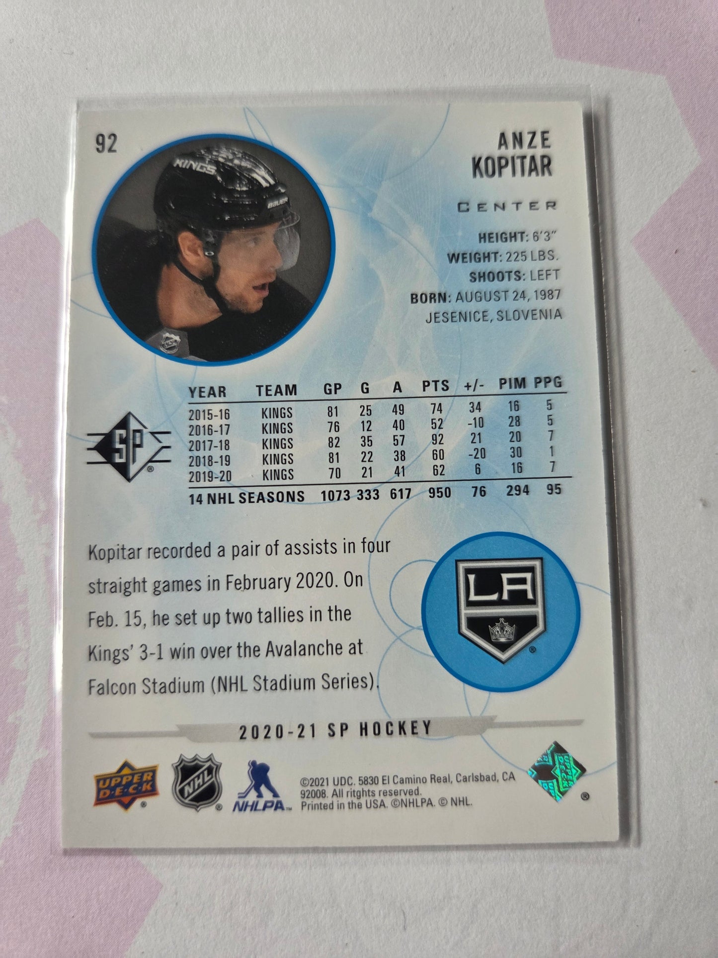 Anze Kopitar Blue SP Hockey #92 [Los Angeles Kings]