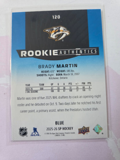 Brady Martin Blue SP Hockey Rookie Authentics #120 [Nashville Predators]