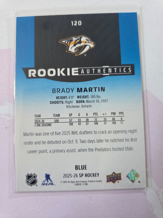 Brady Martin Blue SP Hockey Rookie Authentics #120 [Nashville Predators]