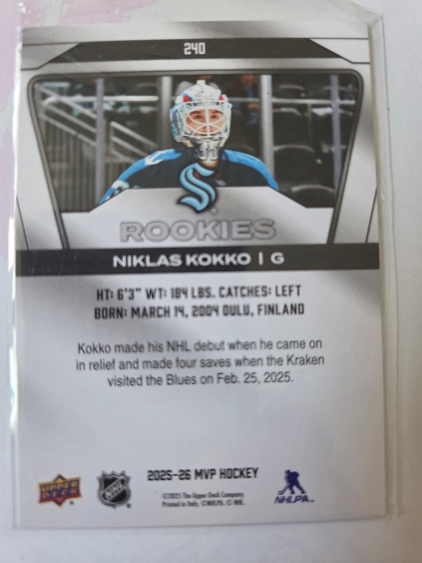 Niklas Kokko Upper Deck MVP Hockey Rookies #240 [Seattle Kraken]