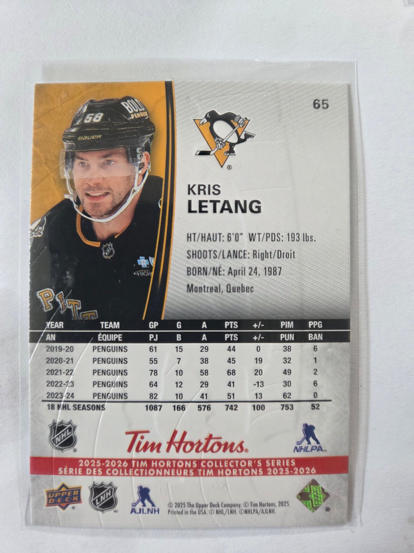 Kris Letang Tim Hortons Upper Deck #65 [Pittsburgh Penguins]