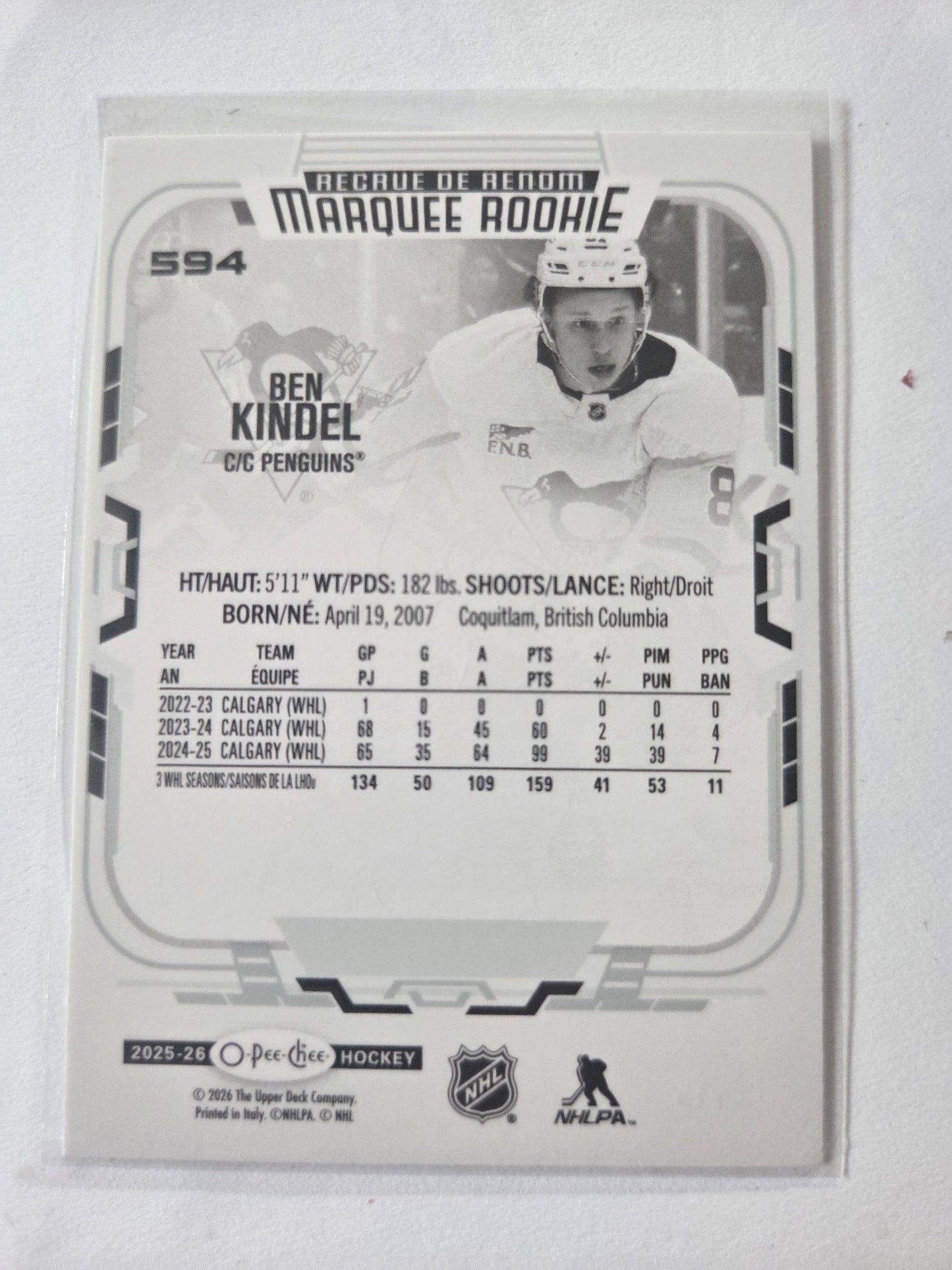 Ben Kindel O-Pee-Chee Hockey Marquee Rookie #594 [Pittsburgh Penguins]