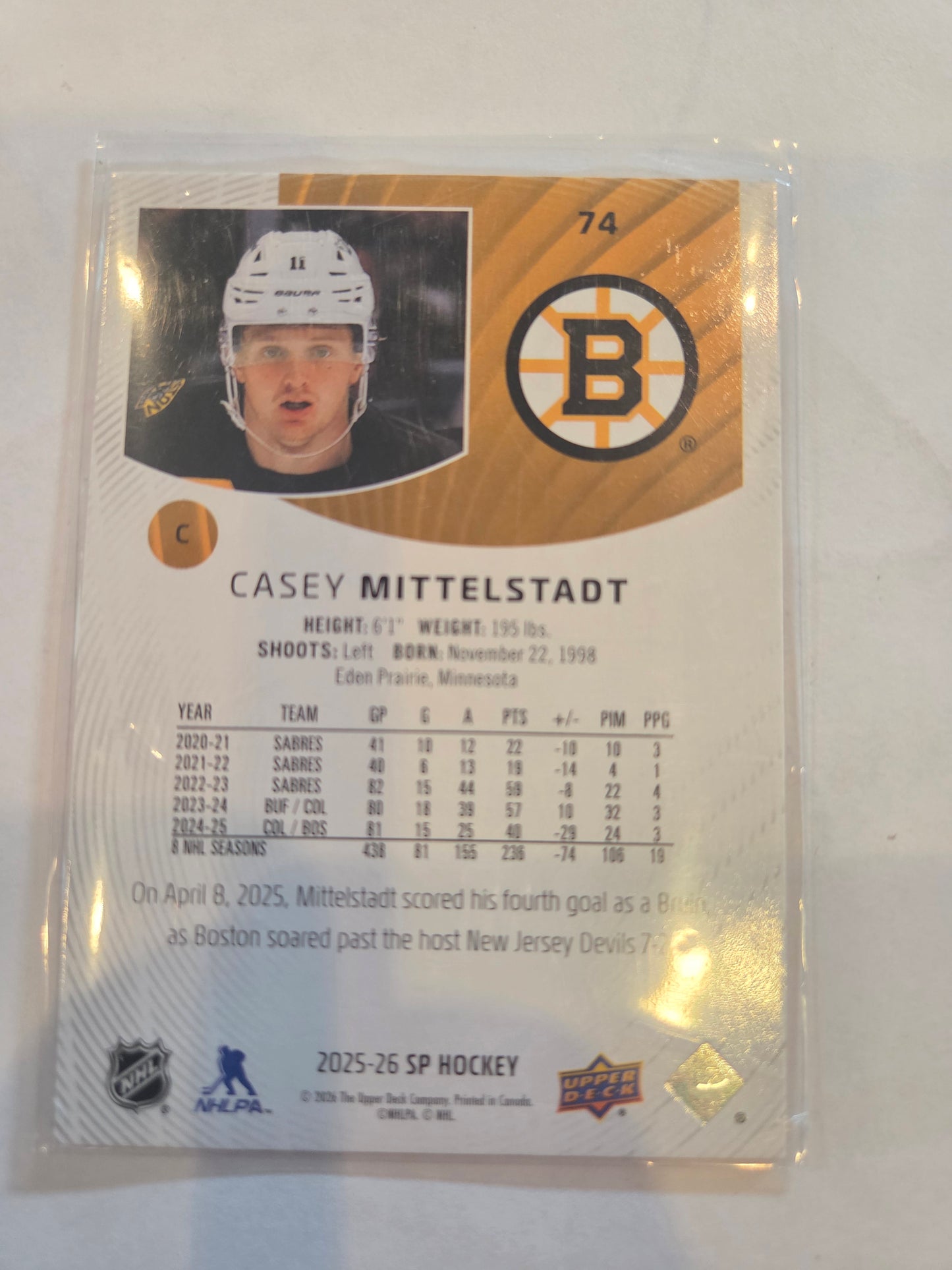 Casey Mittelstadt SP Hockey #74 [Boston Bruins]
