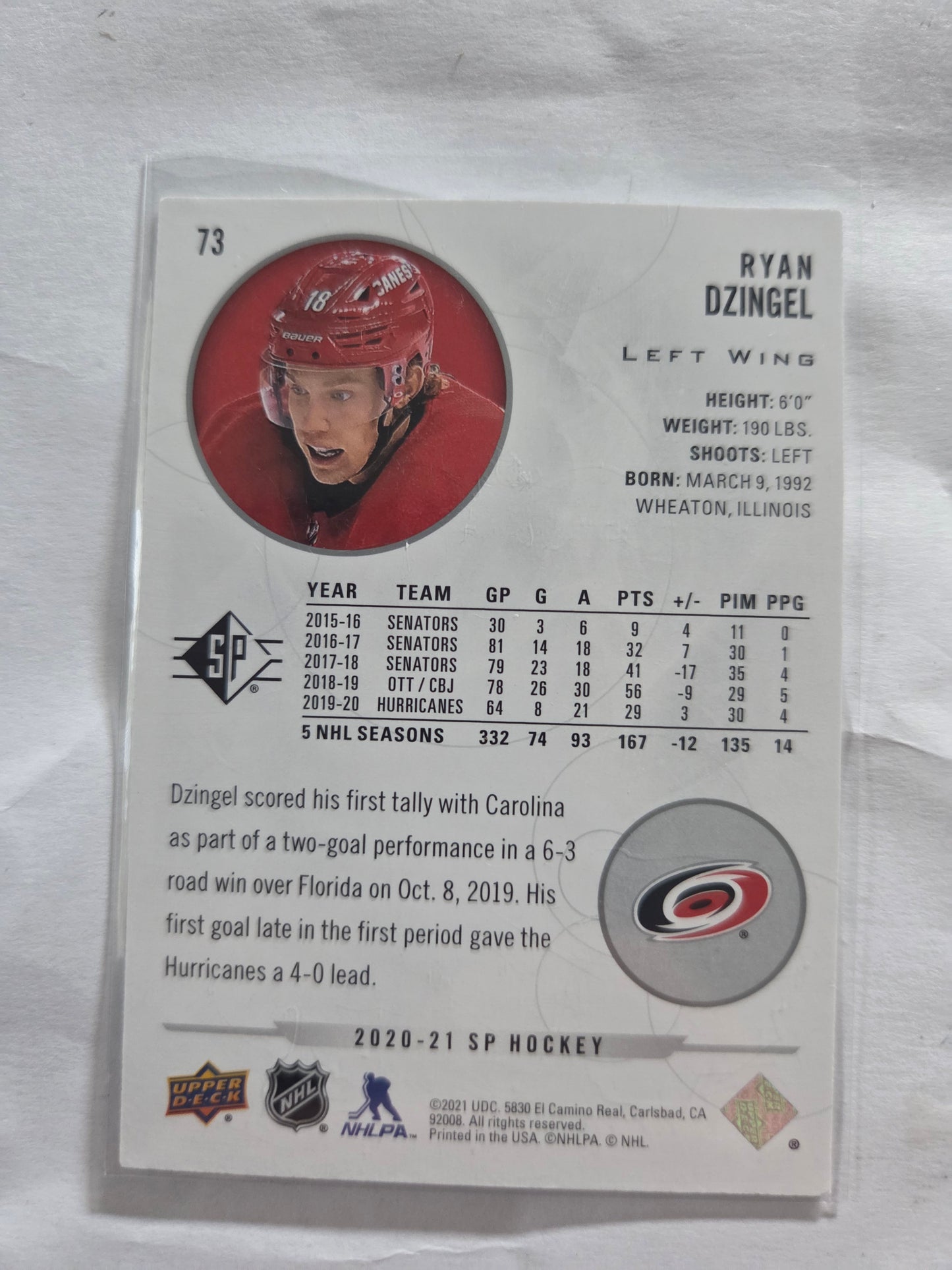 Ryan Dzingel SP Hockey #73 [Carolina Hurricanes]