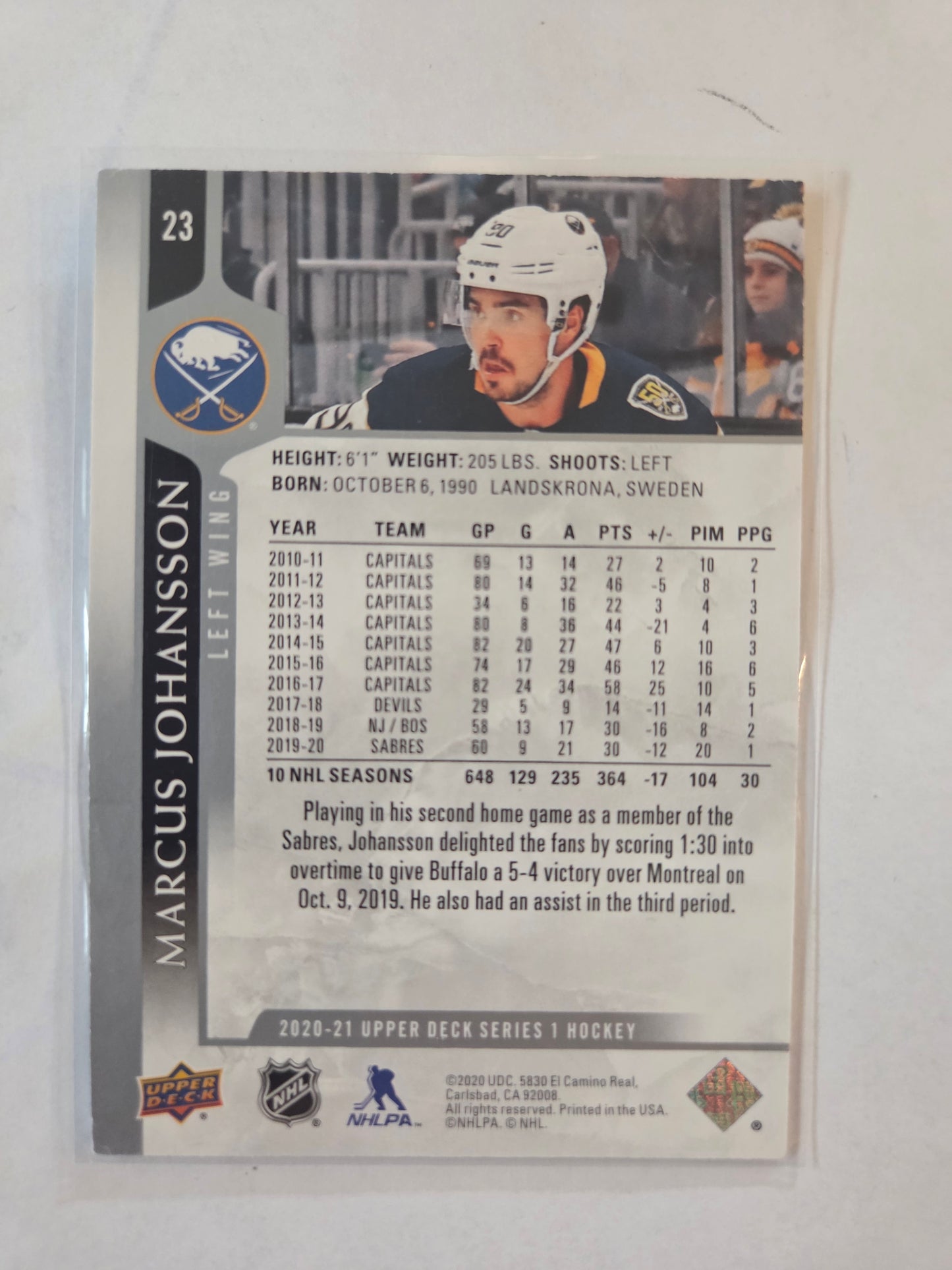 Marcus Johansson Upper Deck Series 1 #23 [Buffalo Sabres]