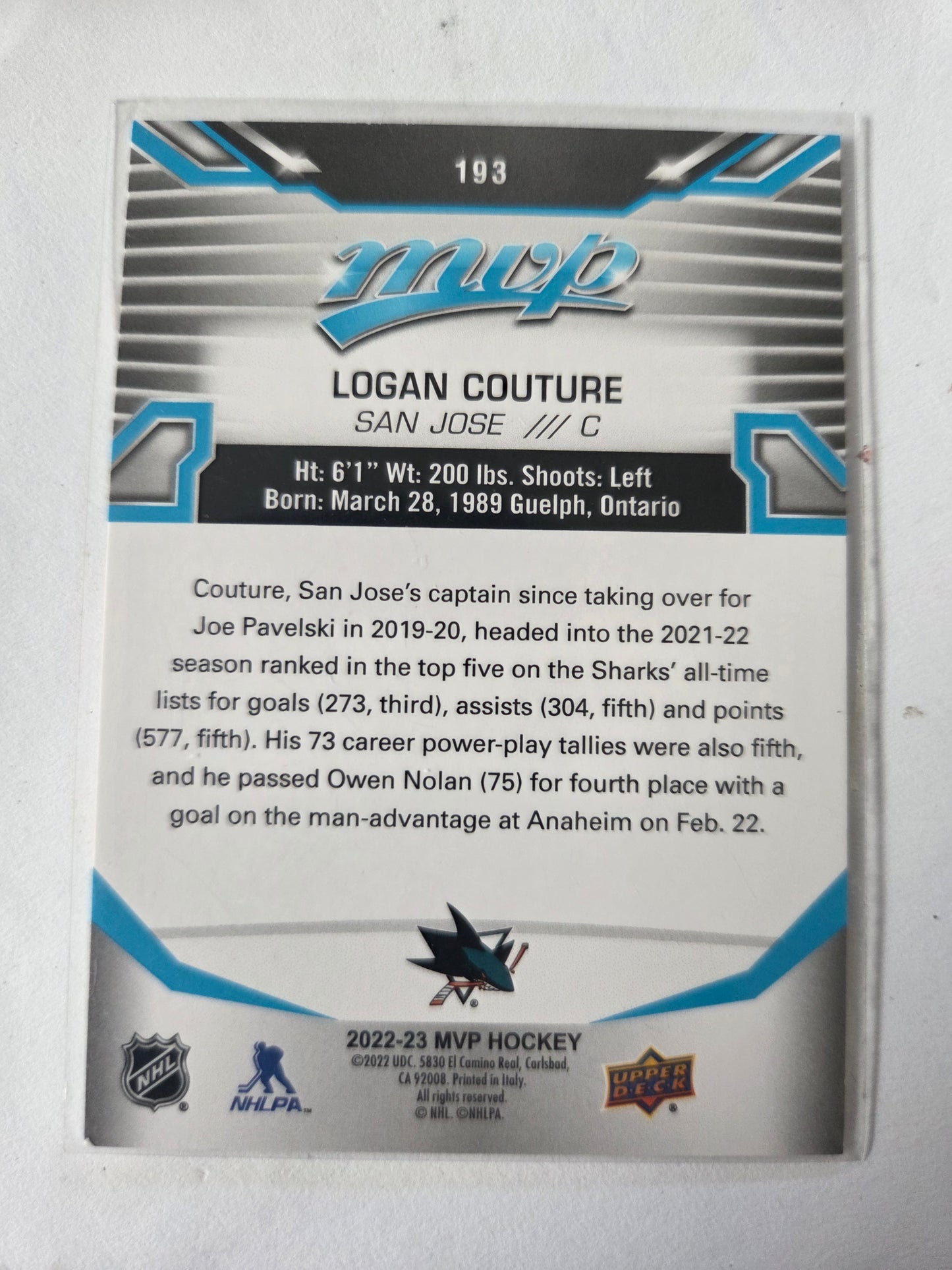 Logan Couture Blue MVP Hockey #193 [San Jose Sharks]