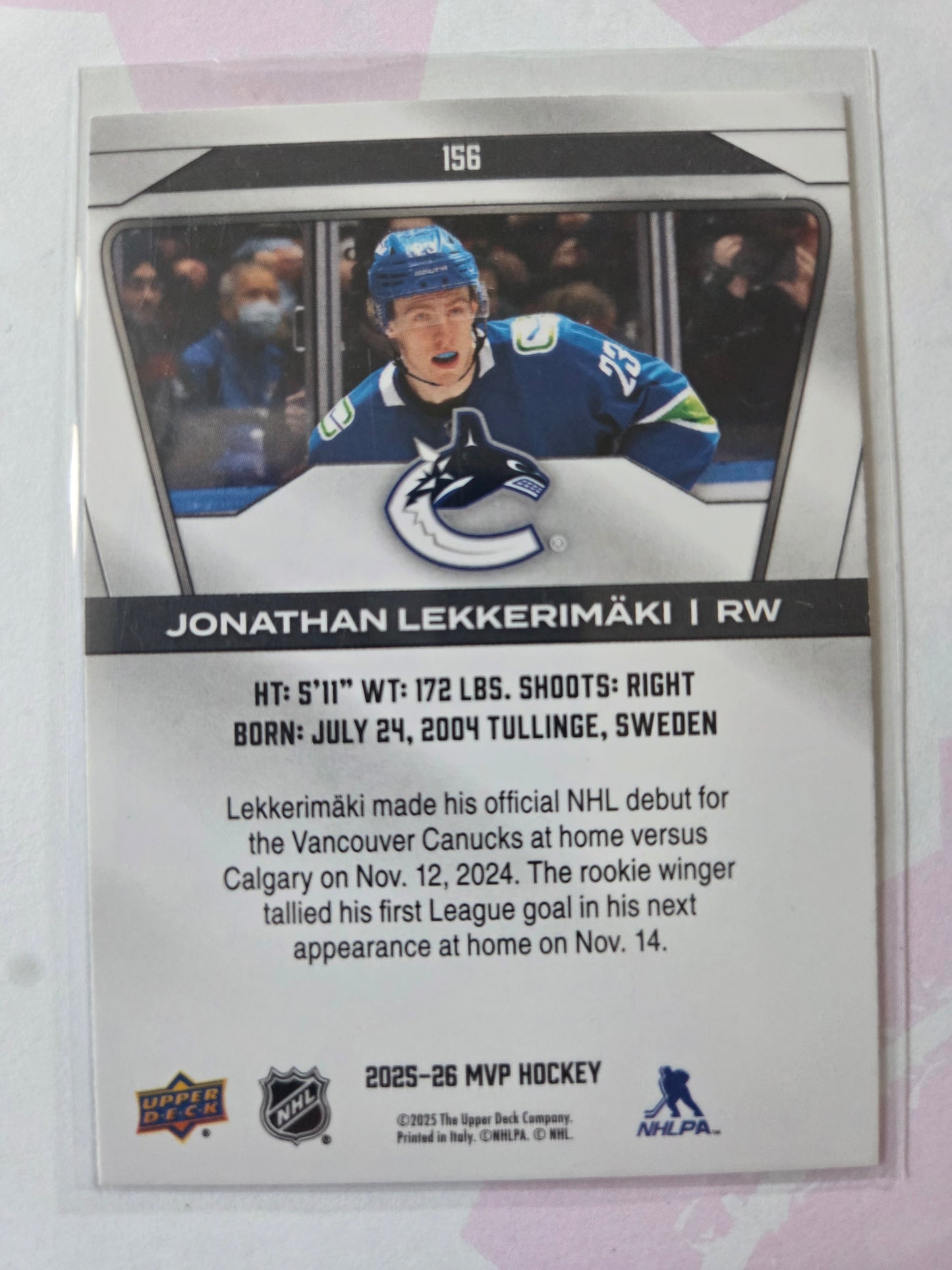 Jonathan Lekkerimäki Upper Deck MVP Hockey #156 [Vancouver Canucks]