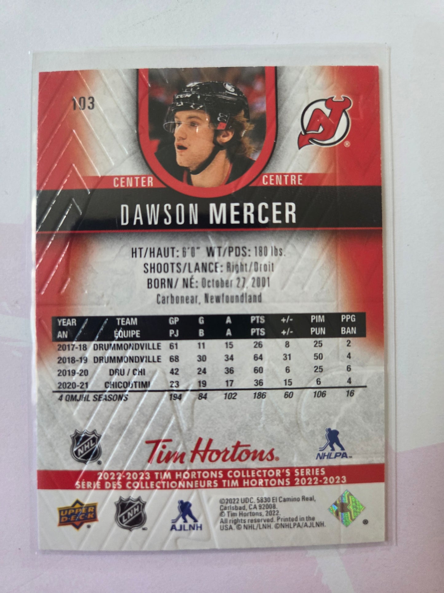 Dawson Mercer Upper Deck Tim Hortons #103 [New Jersey Devils]