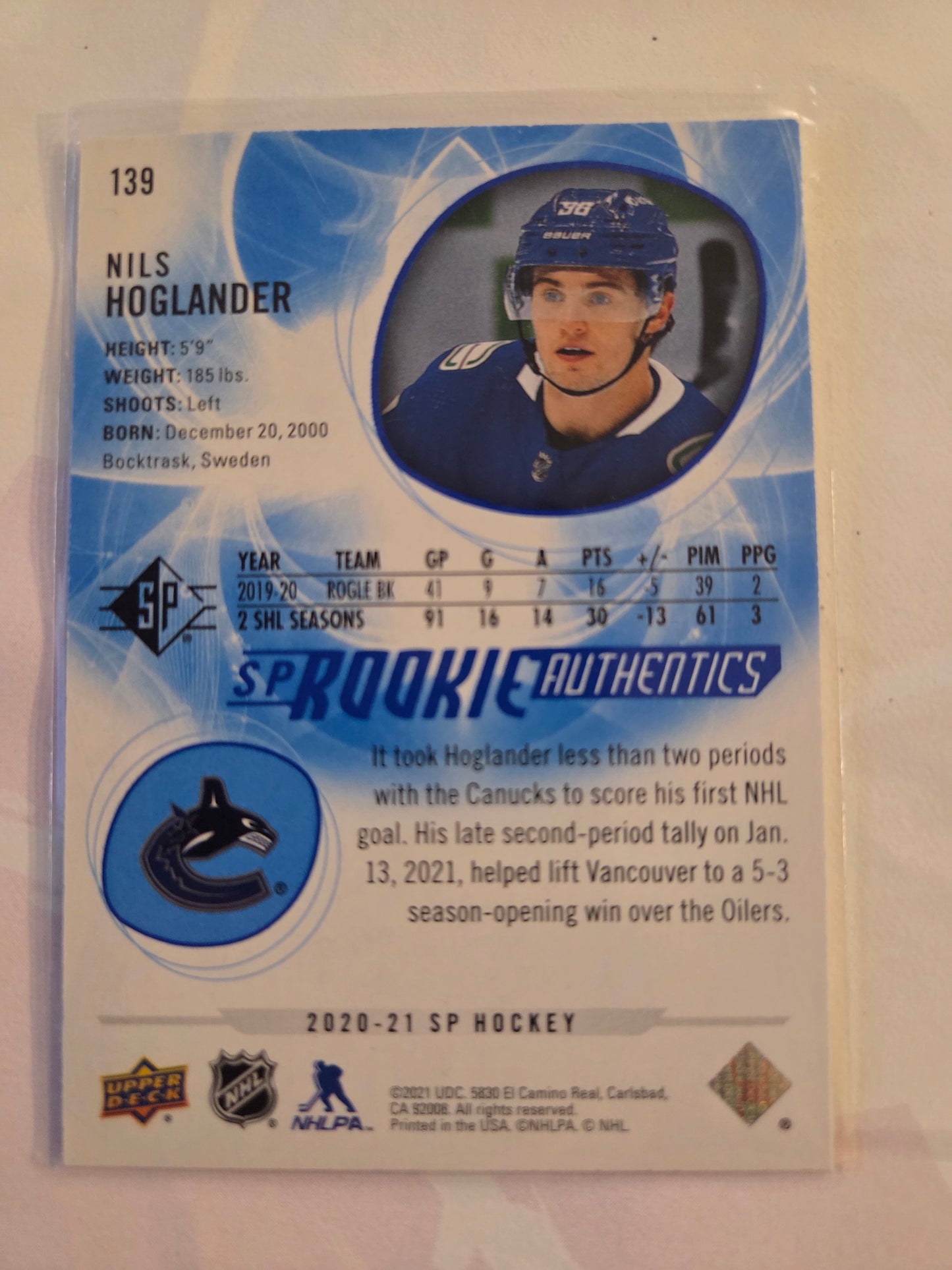 Nils Hoglander Blue SP Hockey Rookie Authentics #139 [Vancouver Canucks]
