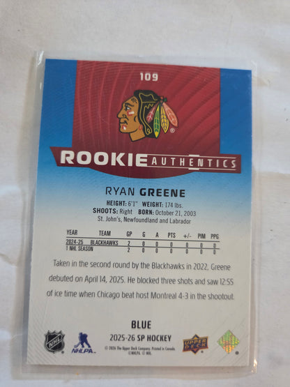 Ryan Greene Blue SP Hockey Rookie Authentics #109 [Chicago Blackhawks]
