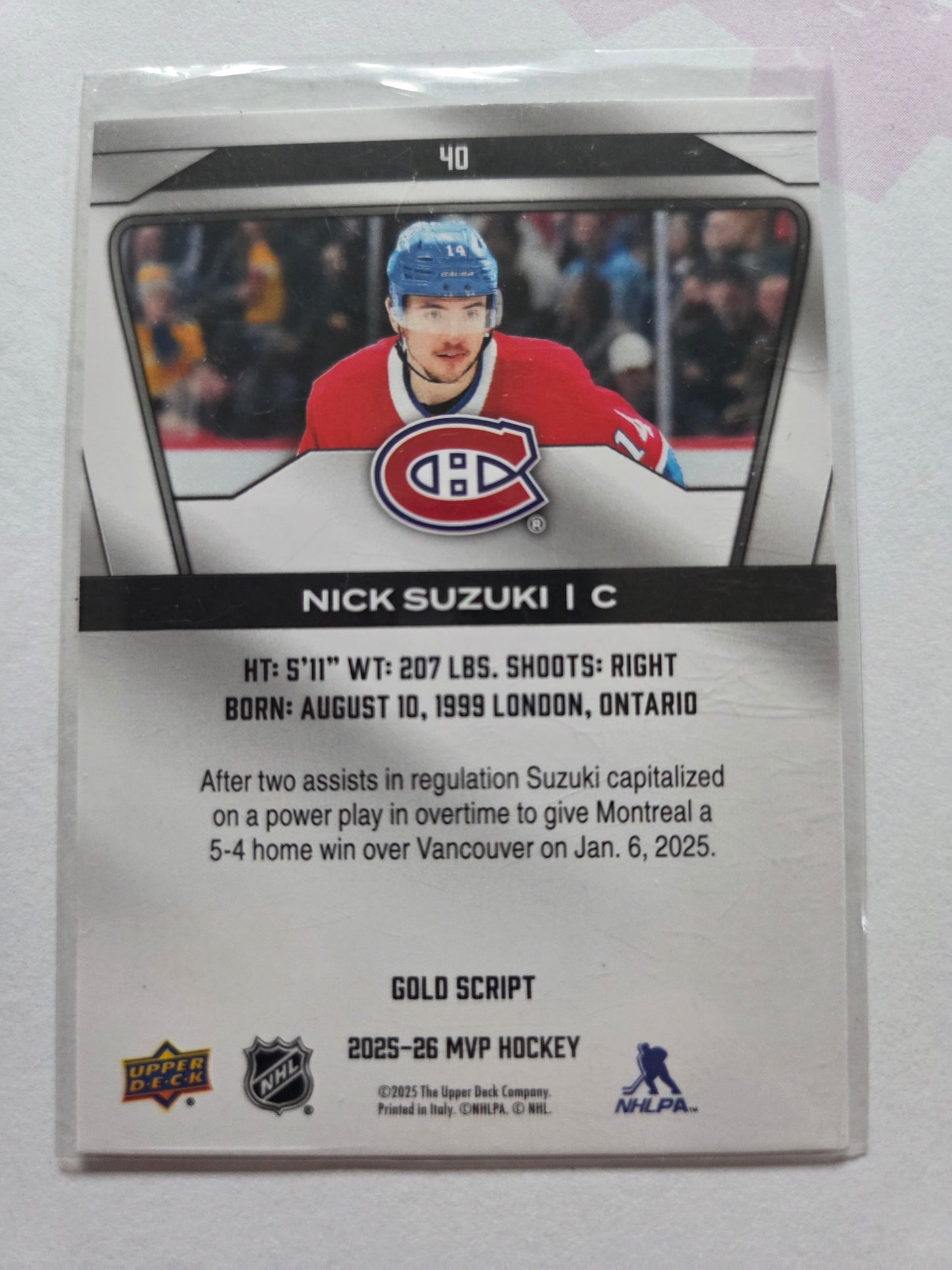 Nick Suzuki Upper Deck MVP Hockey Gold Script Signed #40 [Montreal Canadians]