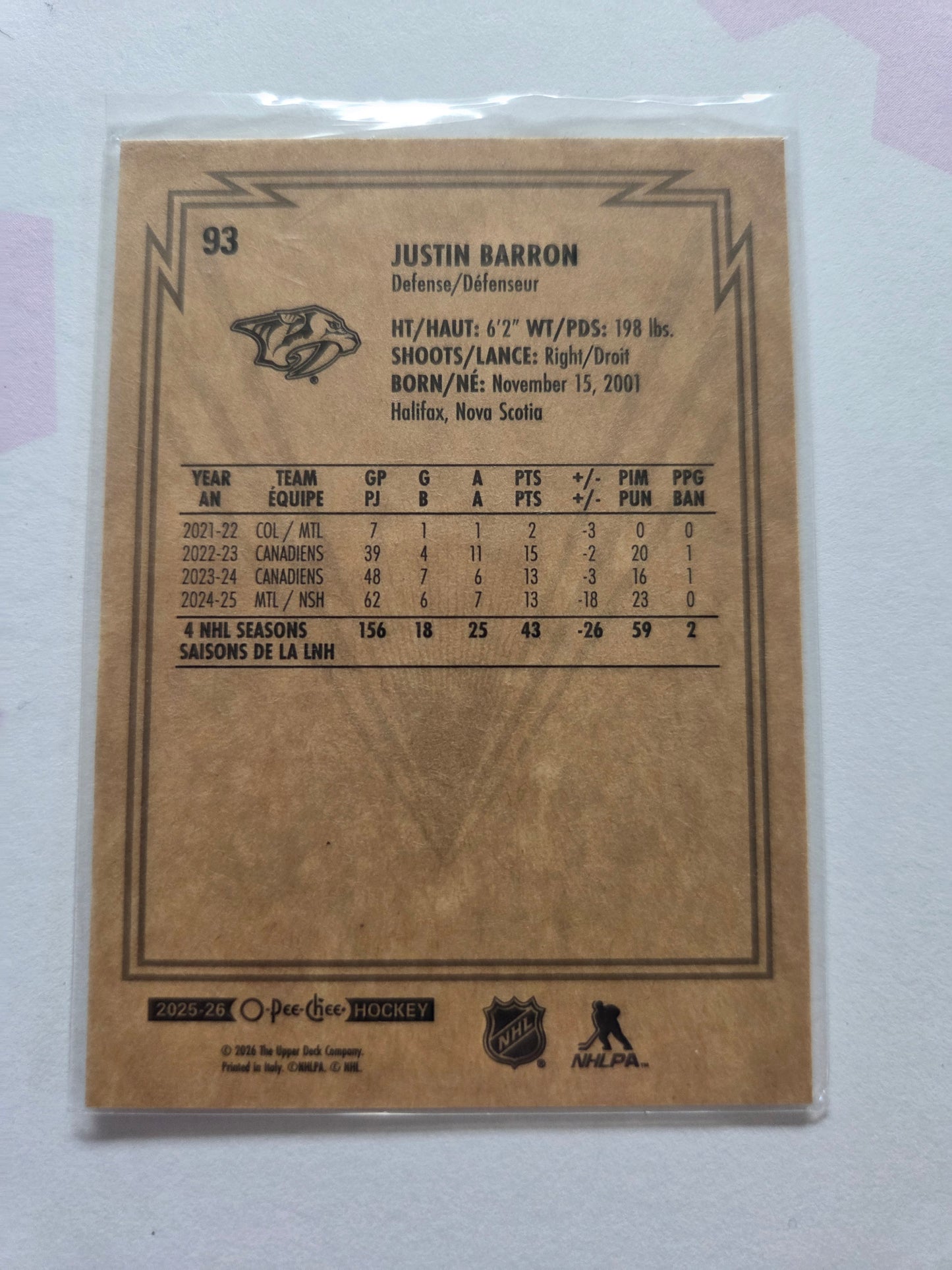 Justin Barron O-Pee-Chee Hockey #93 [Nashville Predators]