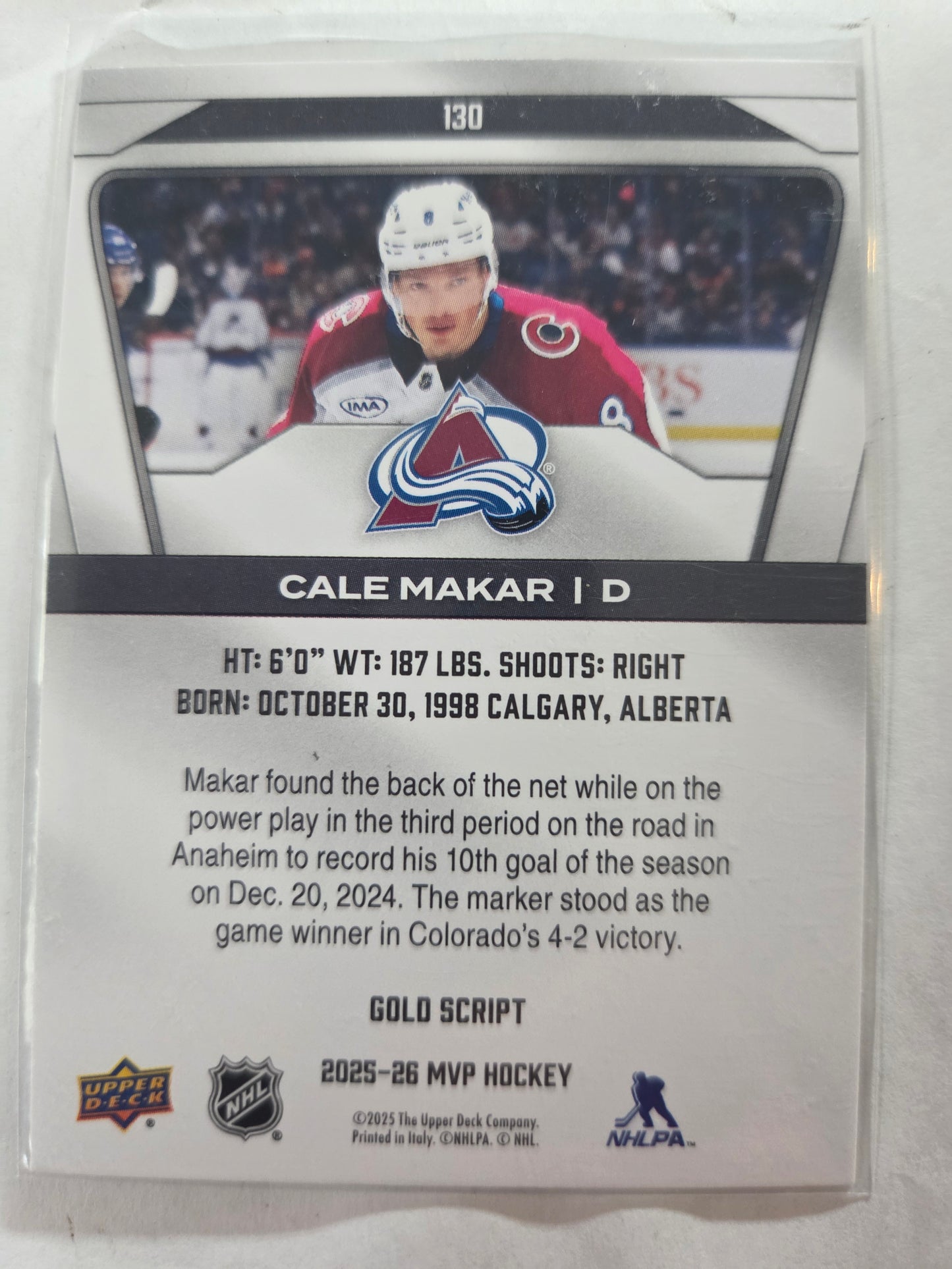 Cale Makar Upper Deck MVP Hockey Signed Gold Script #130 [Colorado Avalanche]