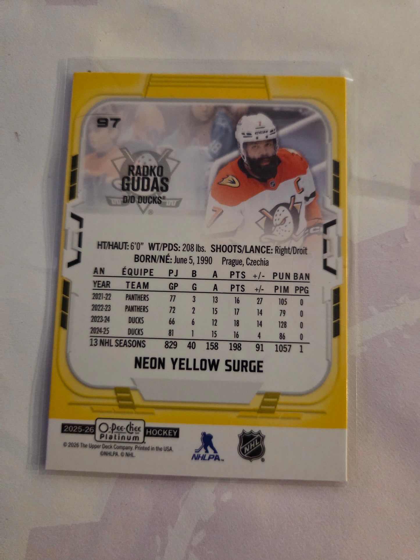 Radko Gudas O-Pee-Chee Platinum Hockey Neon Yellow Surge #97 [Anaheim Ducks]