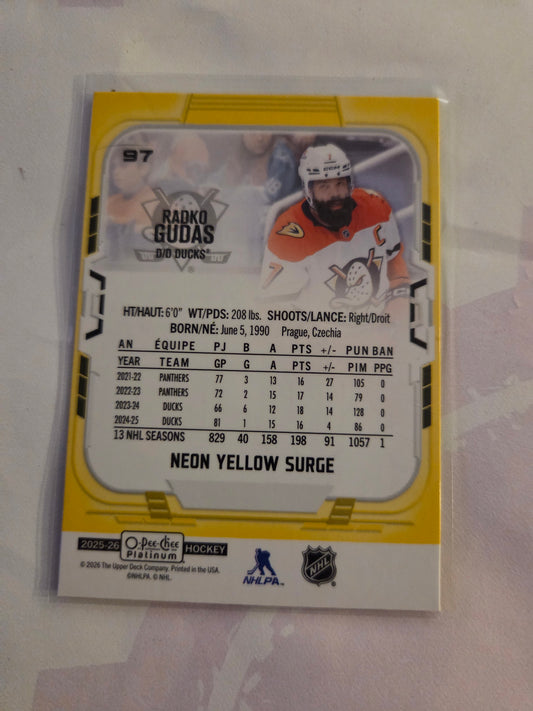 Radko Gudas O-Pee-Chee Platinum Hockey Neon Yellow Surge #97 [Anaheim Ducks]