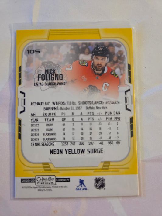 Nick Foligno O-Pee-Chee Platinum Hockey Neon Yellow Surge #105 [Chicago Blackhawks]
