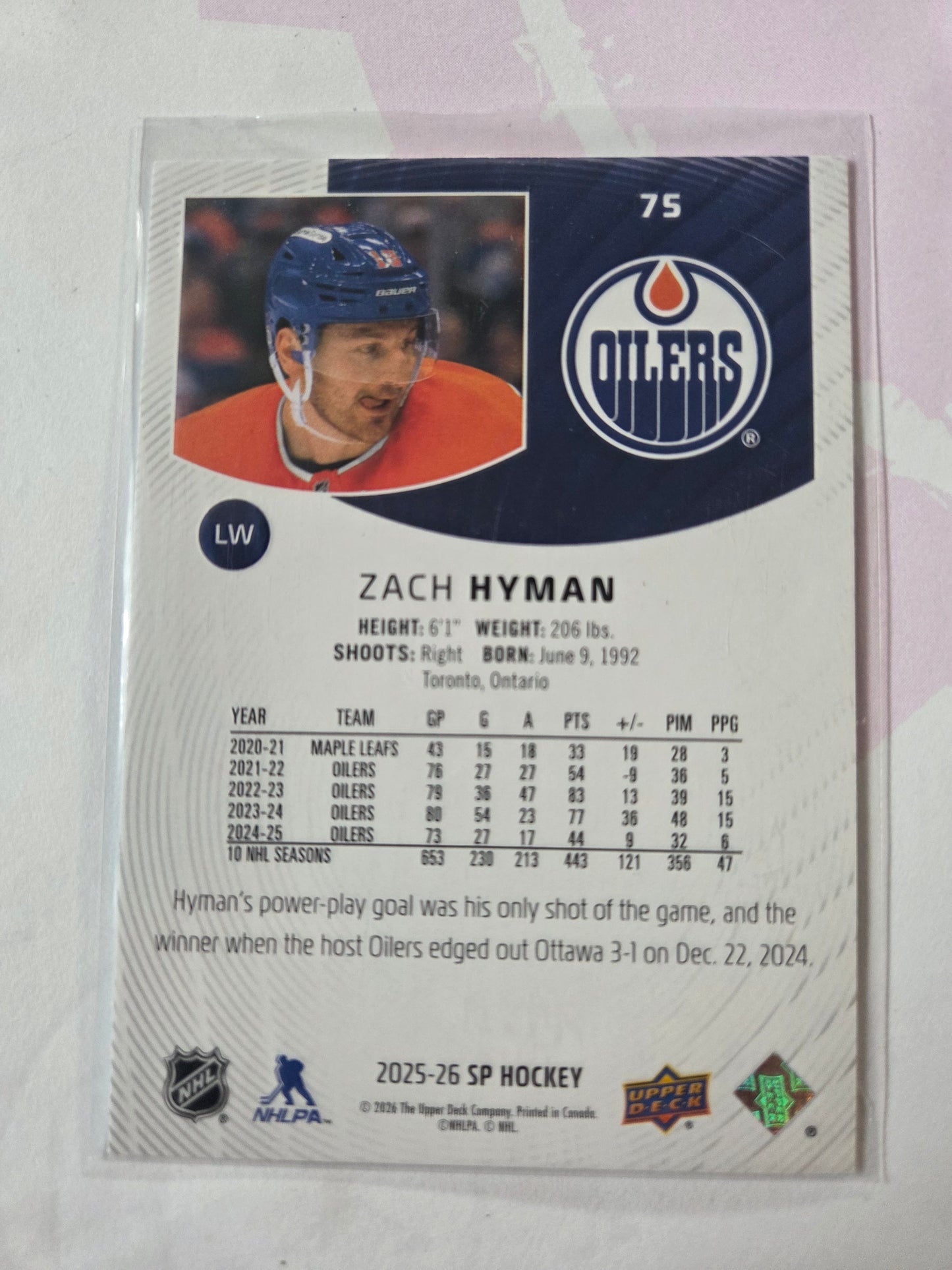 Zach Hyman SP Hockey #75 [Edmonton Oilers]
