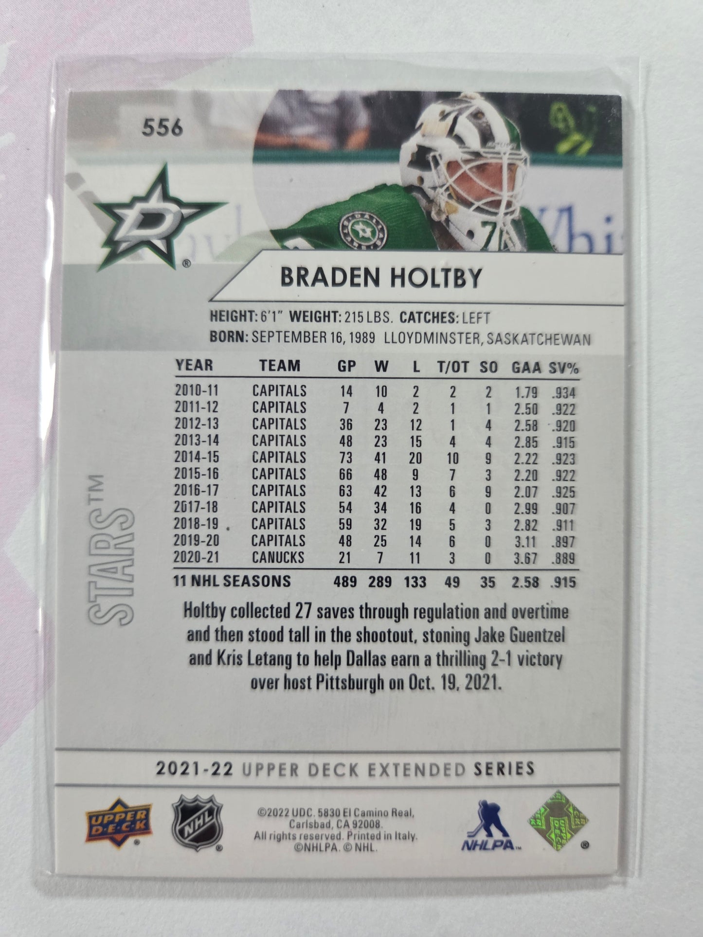 Braden Holtby Upper Deck Extended Series #556 [Dallas Stars]