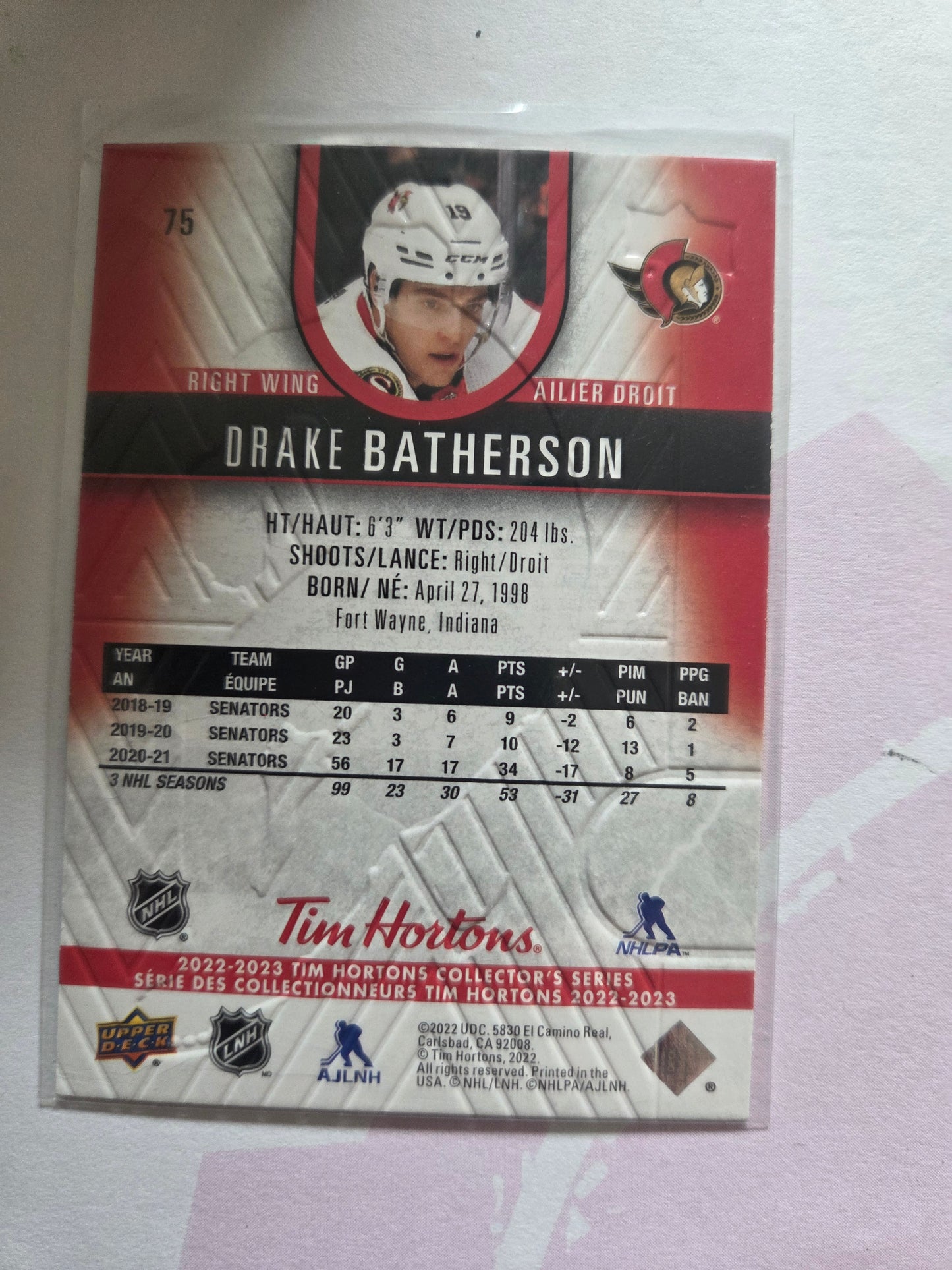 Drake Batherson Upper Deck Tim Hortons #75 [Ottawa Senators]