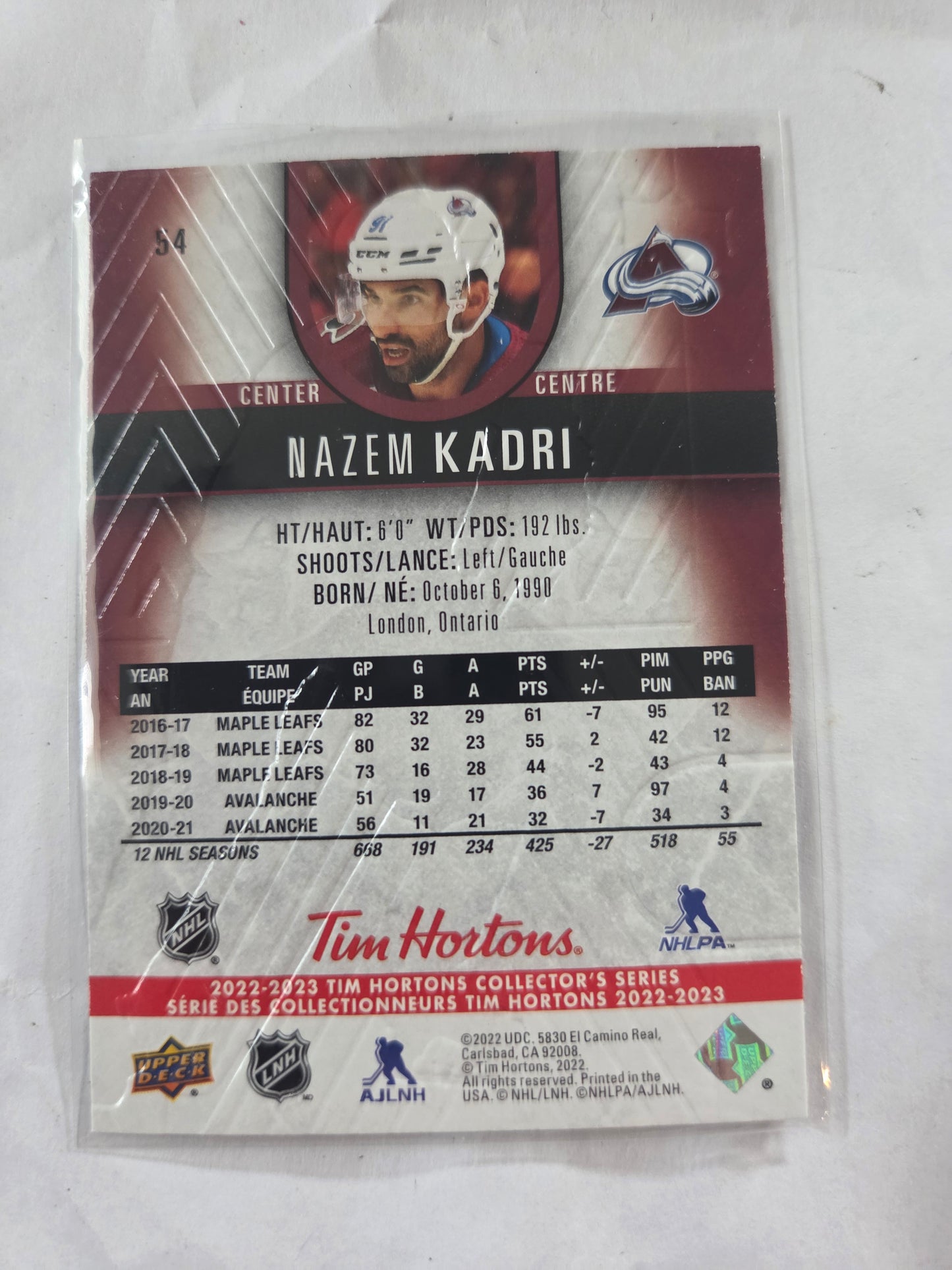 Nazem Kadri Tim Hortons Upper Deck #54 [Colorado Avalanche]