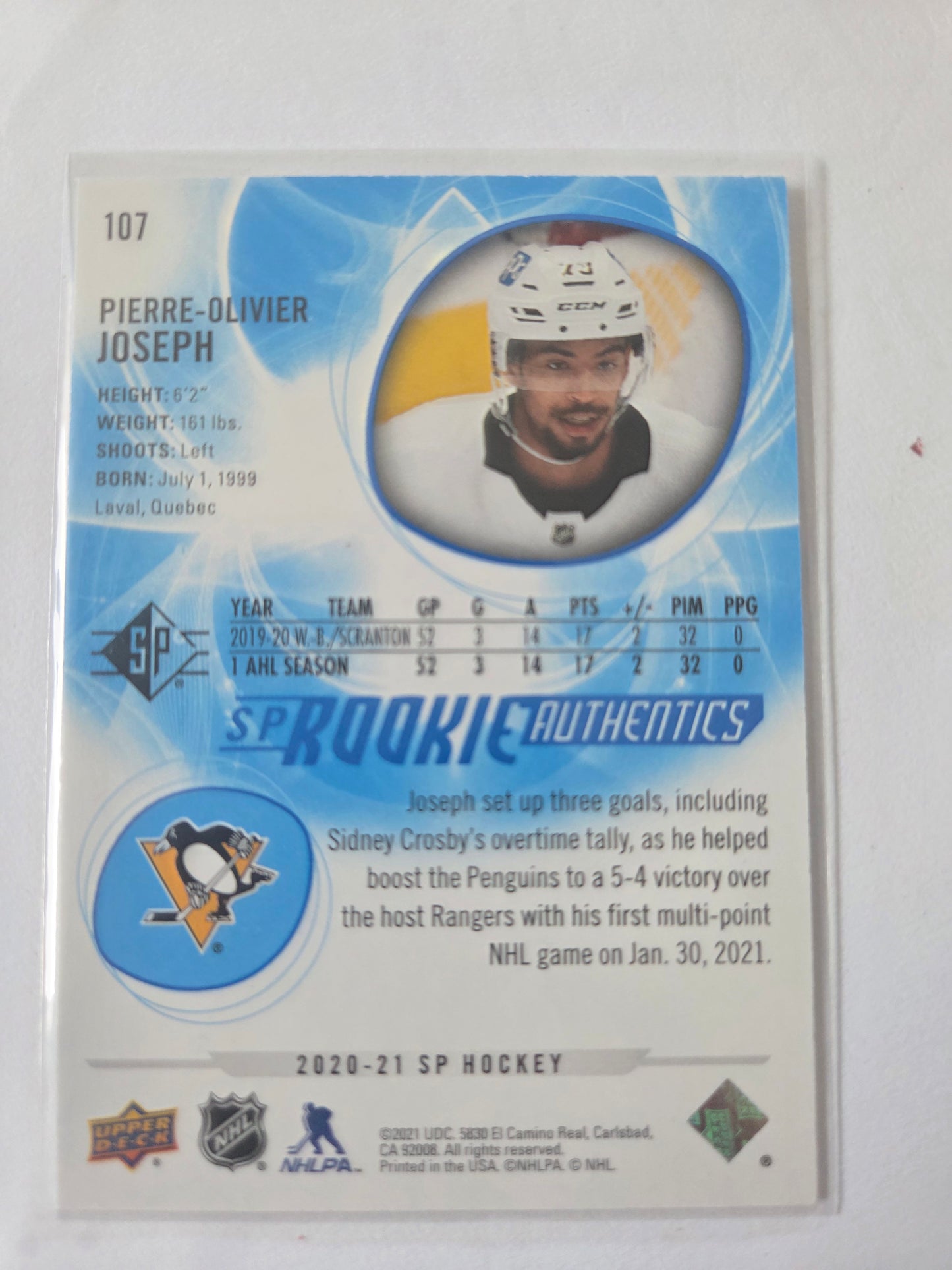Pierre-Olivier Joseph Blue SP Hockey Rookie Authentics #107 [Pittsburgh Penguins]