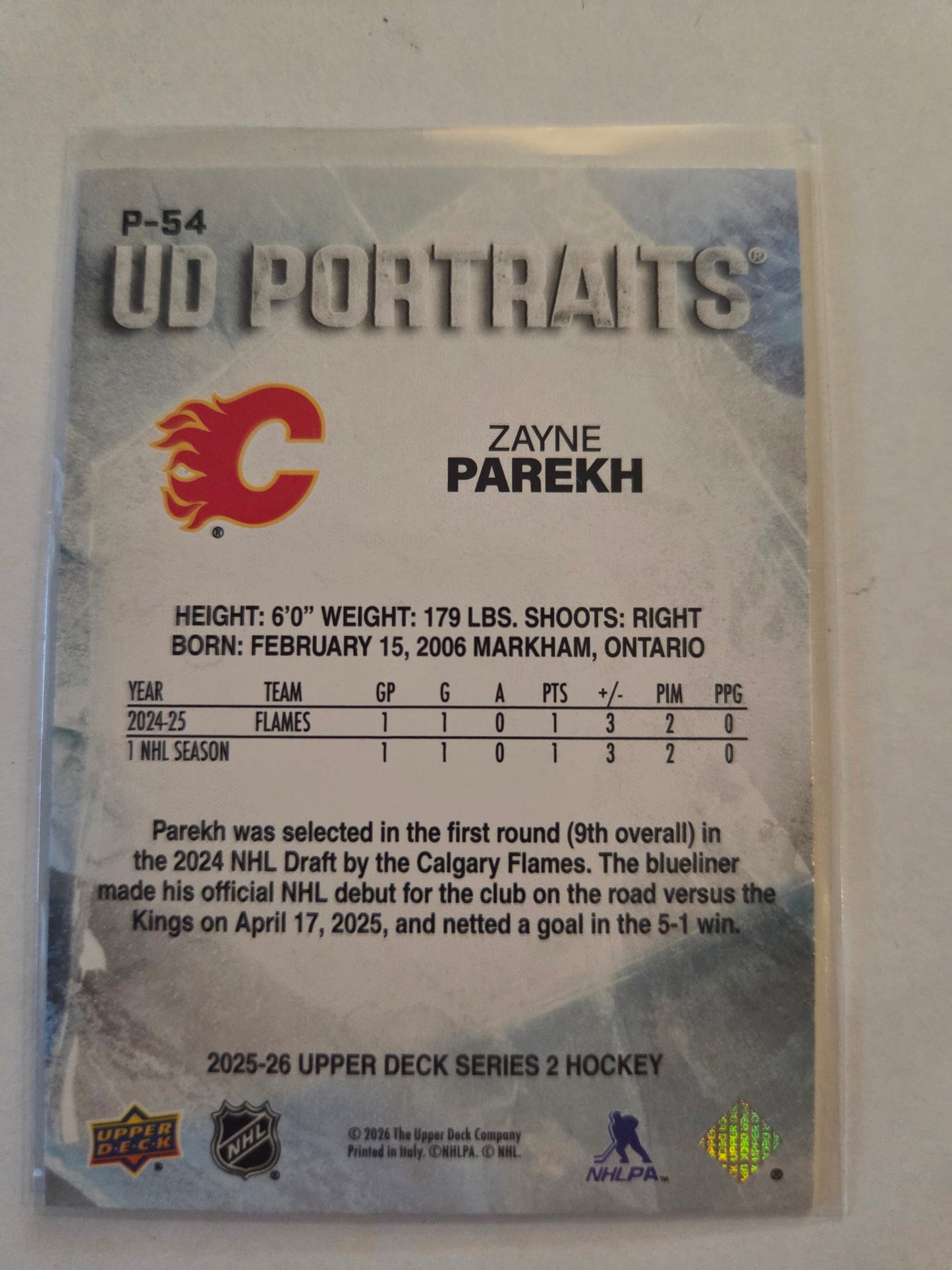 Zayne Parekh Upper Deck Series 2 Hockey Portraits [Calgary Flames]
