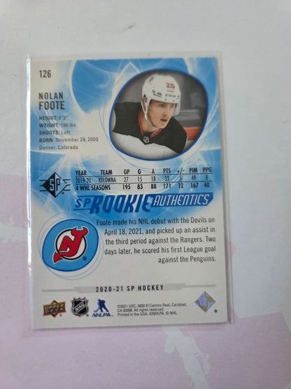 Nolan Foote Blue SP Hockey Rookie Authentics #126 [New Jersey Devils]