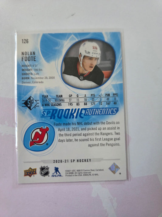 Nolan Foote Blue SP Hockey Rookie Authentics #126 [New Jersey Devils]